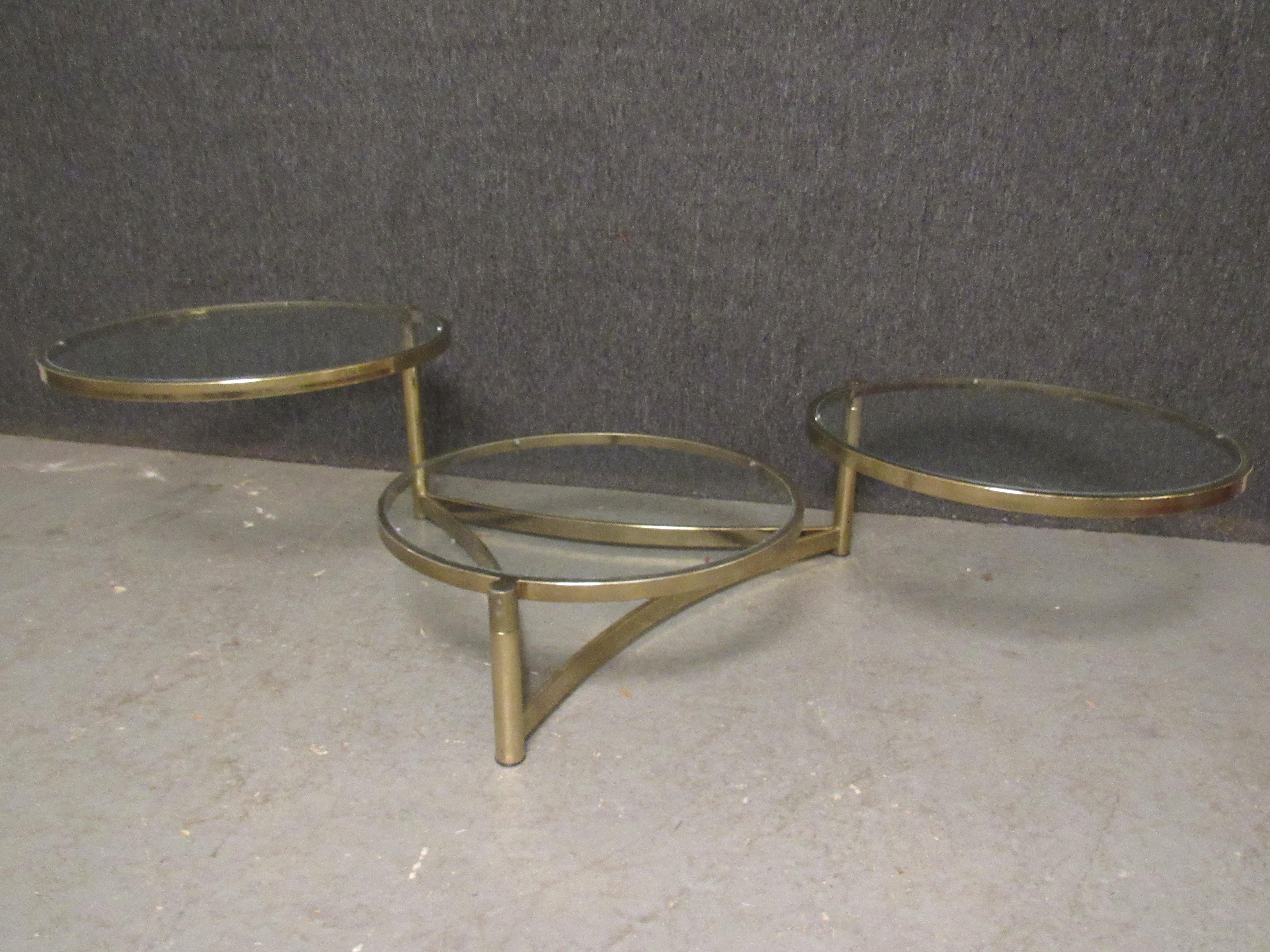 Modern 3-Tiered Milo Baughman Brass + Glass Swivel Coffee Table