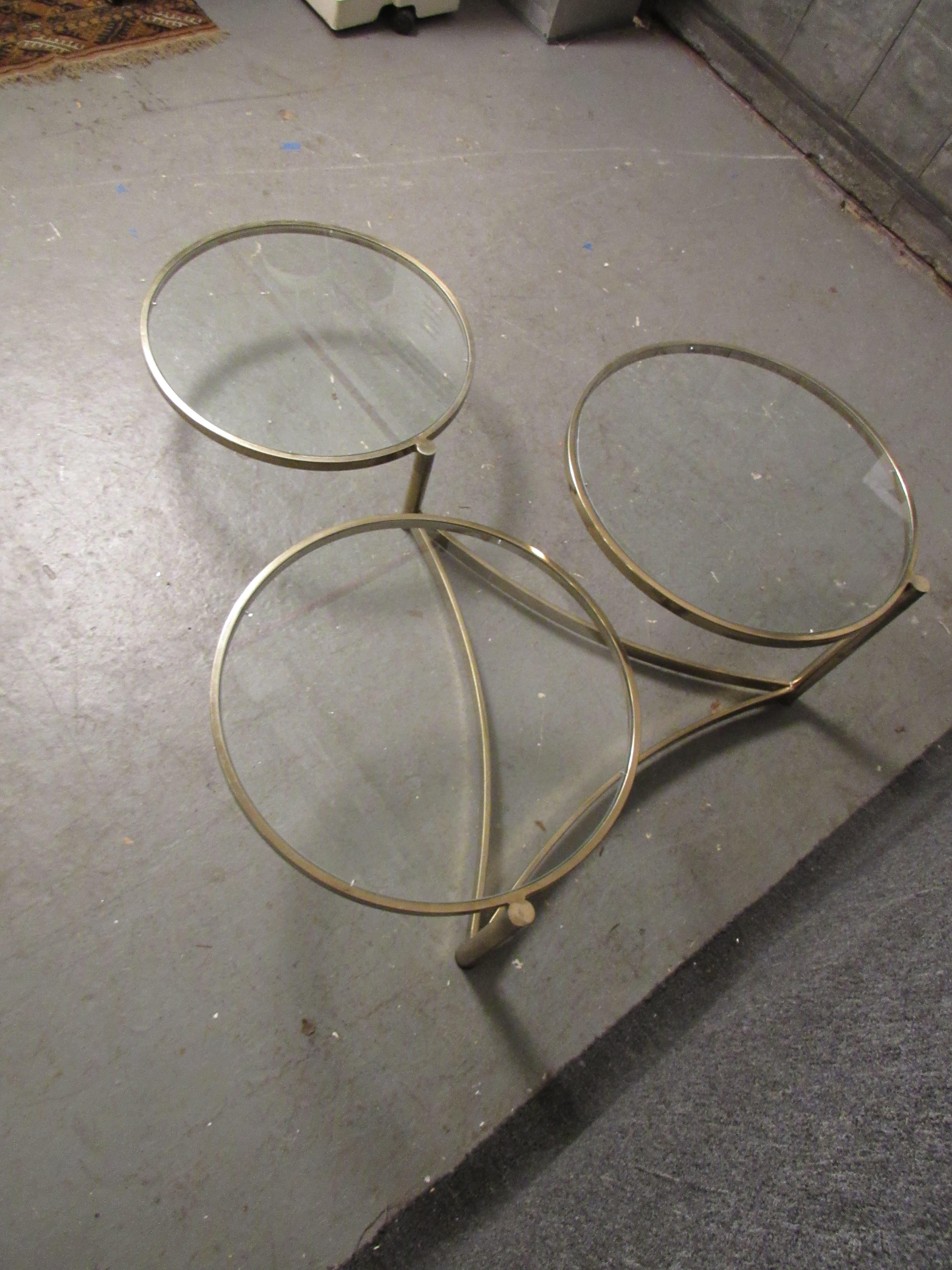 3-Tiered Milo Baughman Brass + Glass Swivel Coffee Table In Good Condition In Brooklyn, NY