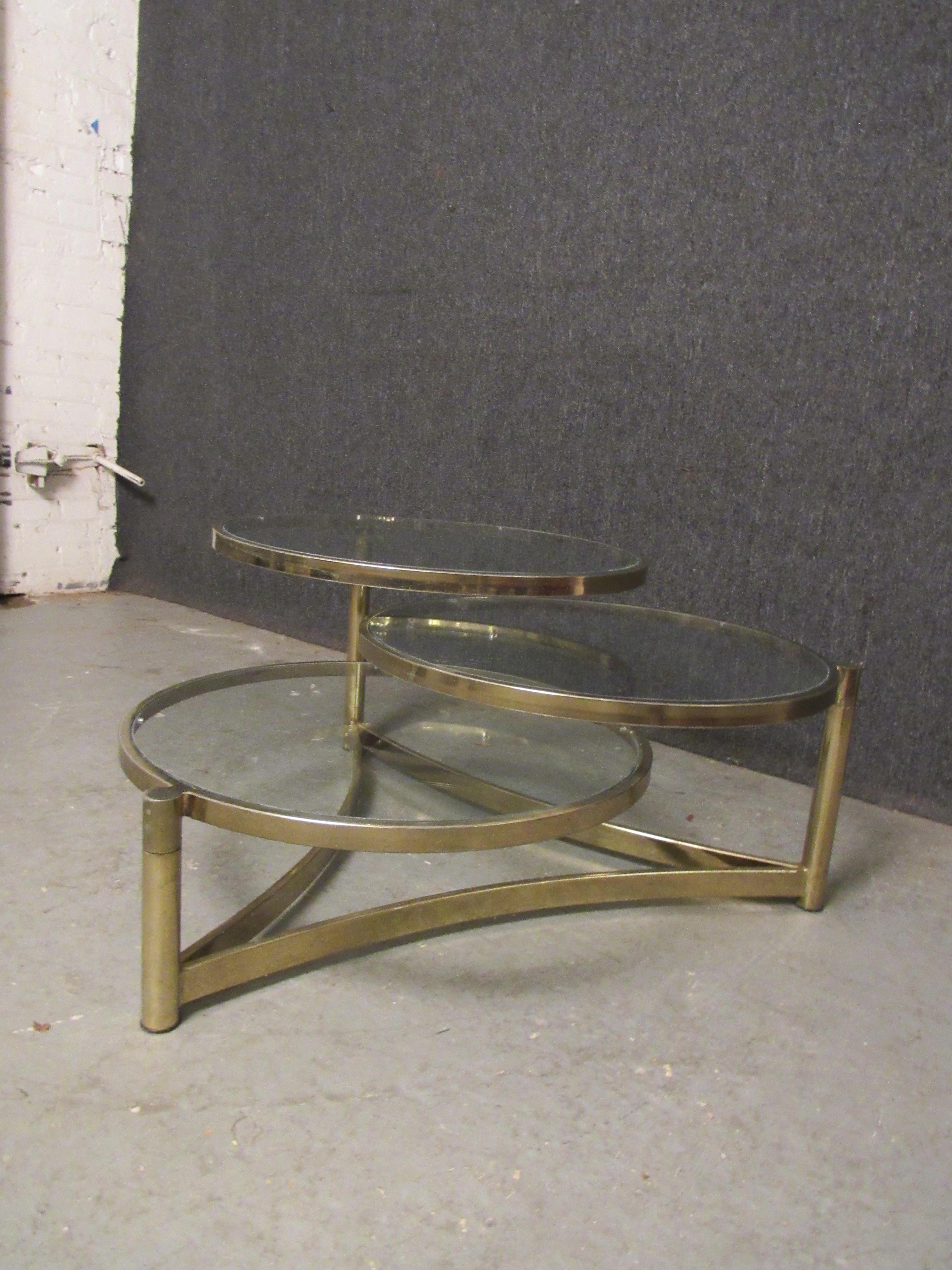 Metal 3-Tiered Milo Baughman Brass + Glass Swivel Coffee Table