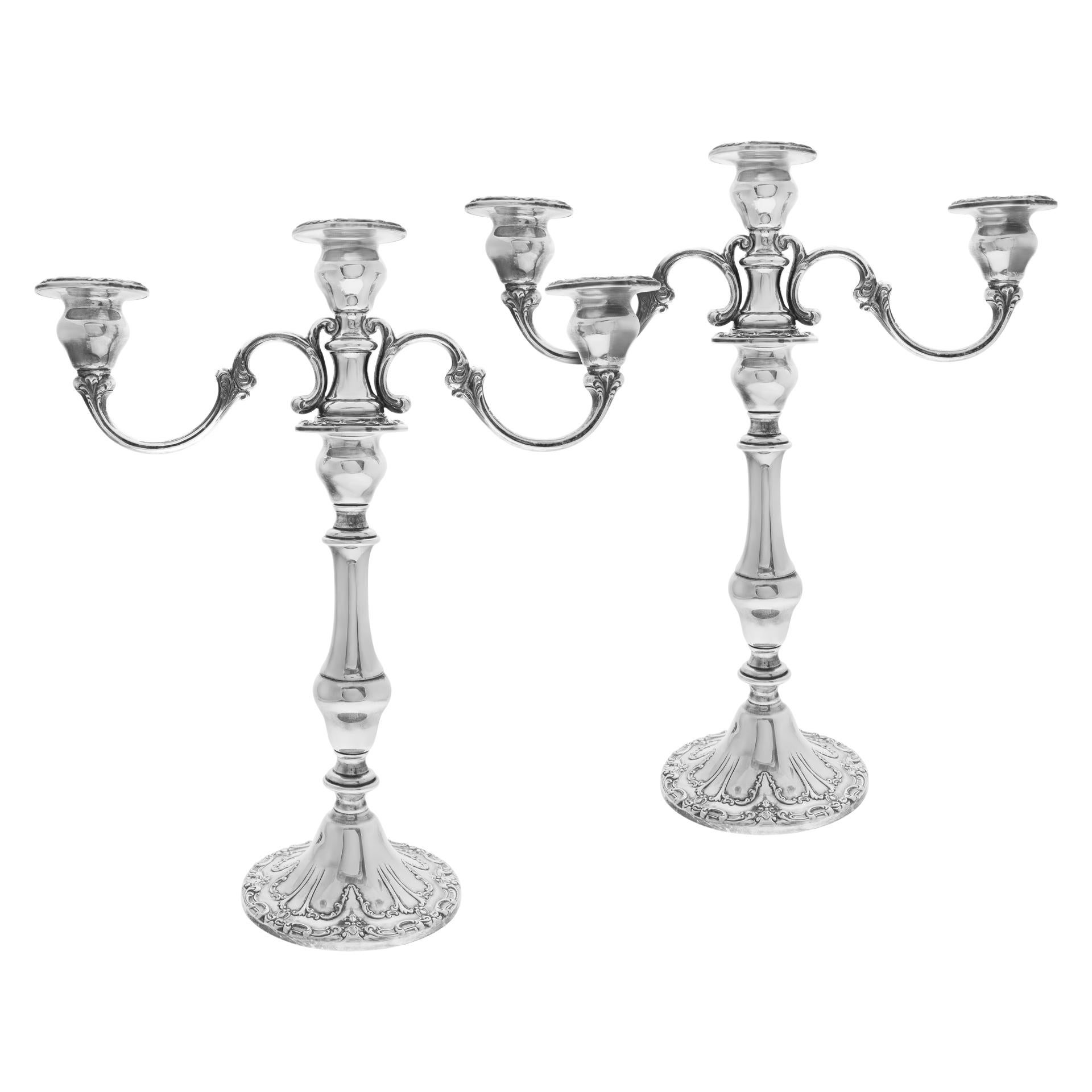 Pair of sterling silver 3 tiers candelabra by Gorham. Heigth: 13 inches. Width: 12