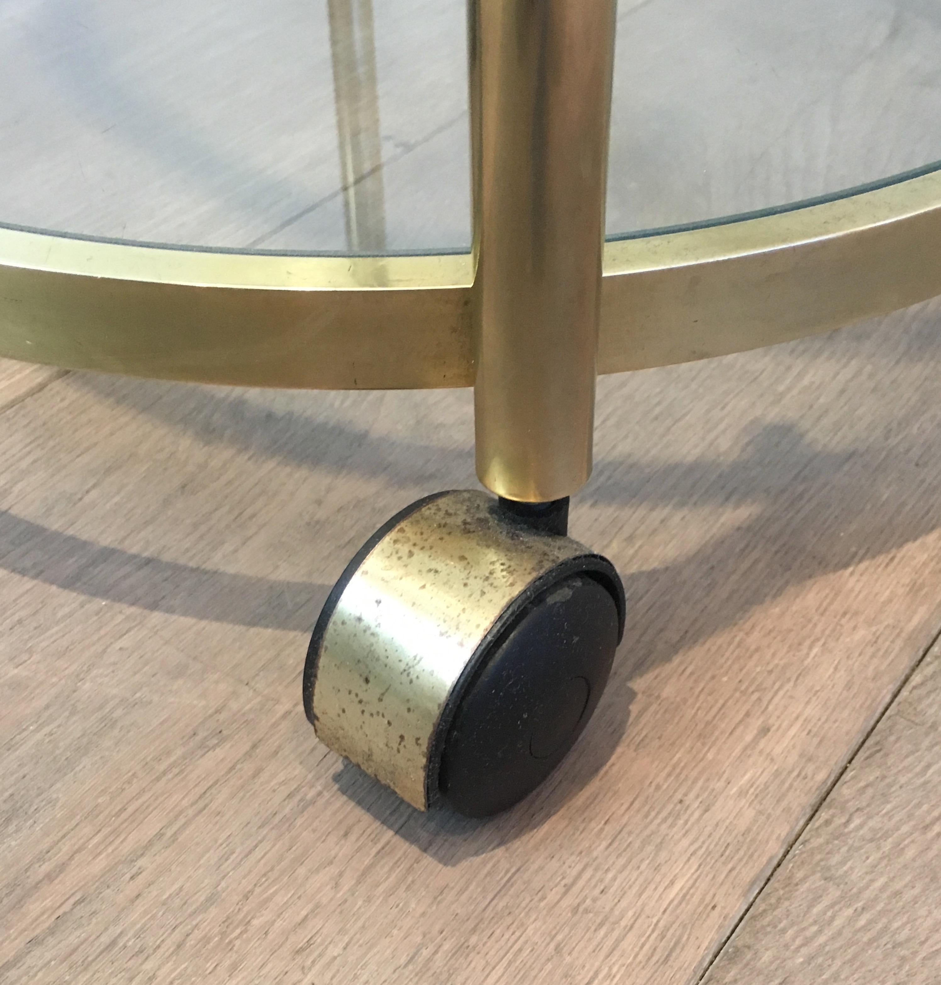3 Tiers Round Brass Side Table on Casters, French, circa 1970 4