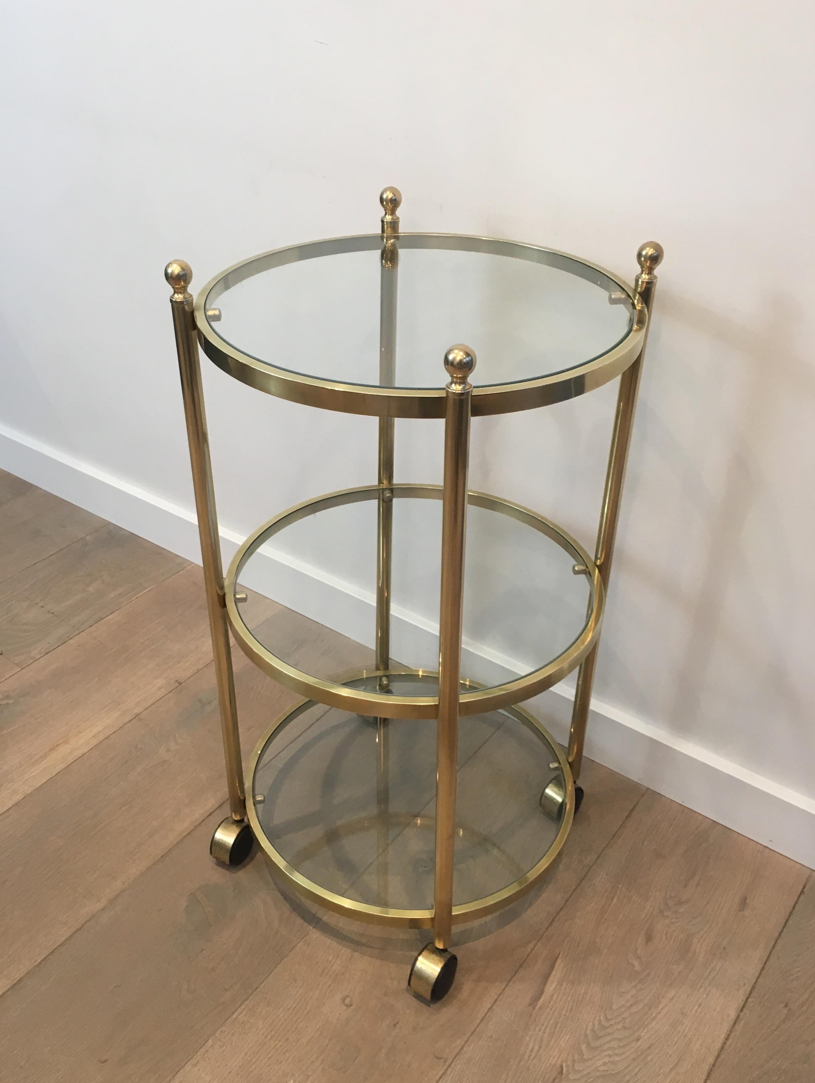 3 Tiers Round Brass Side Table on Casters, French, circa 1970 5