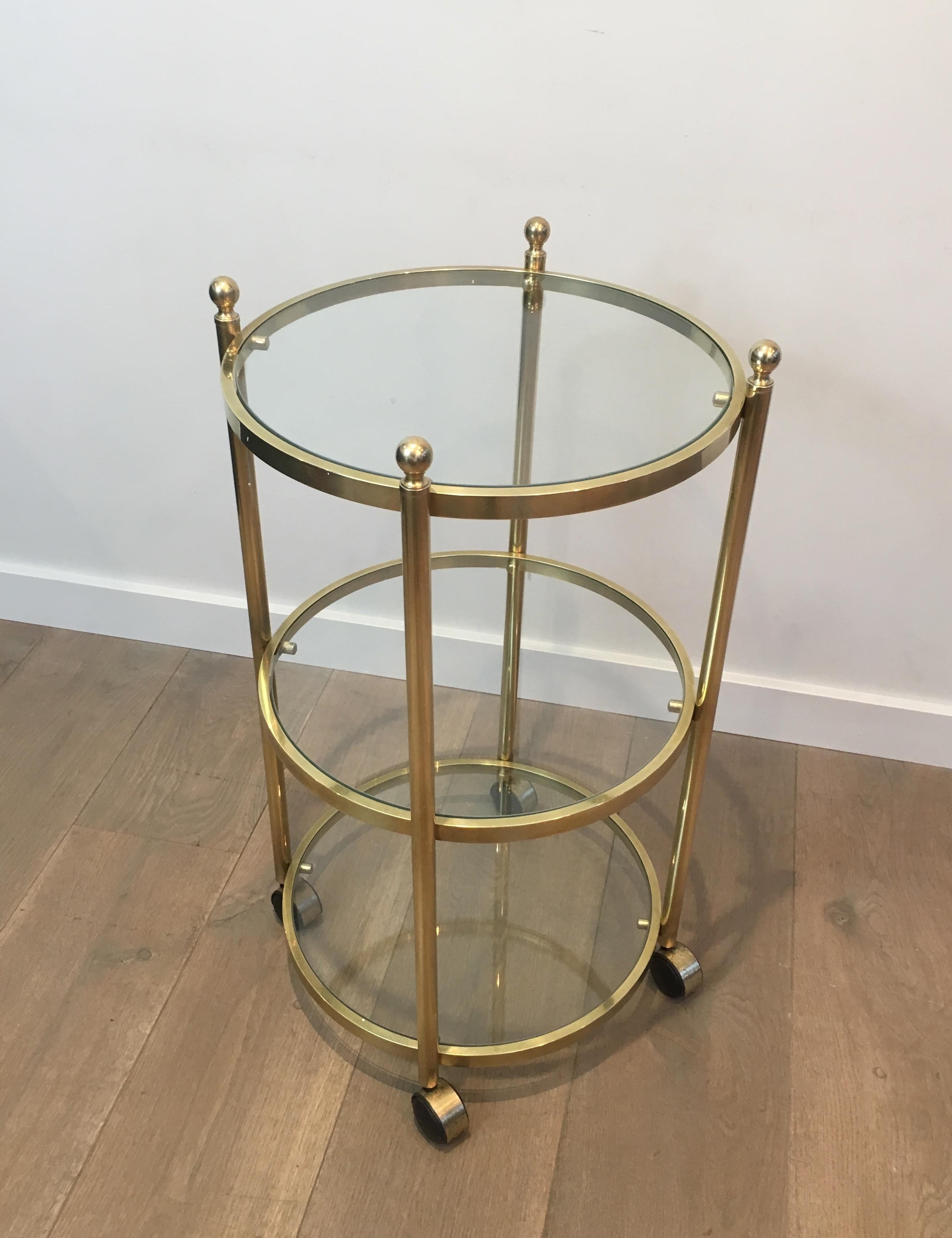3 Tiers Round Brass Side Table on Casters, French, circa 1970 6