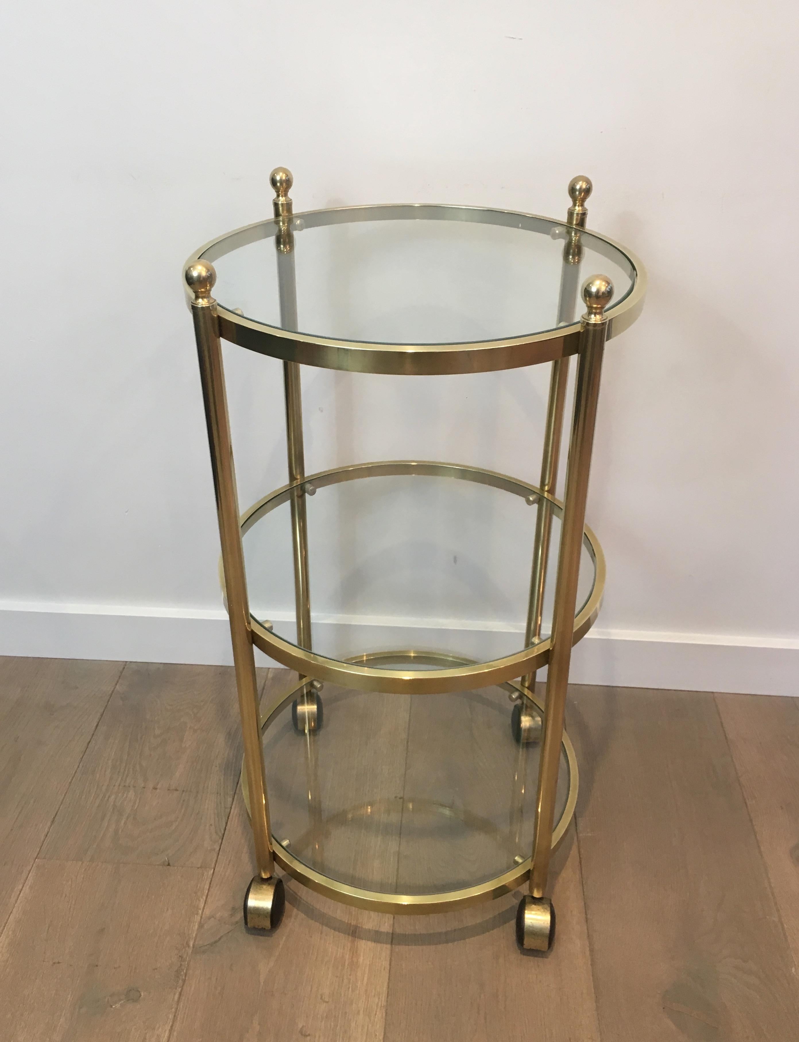 3 Tiers Round Brass Side Table on Casters, French, circa 1970 7