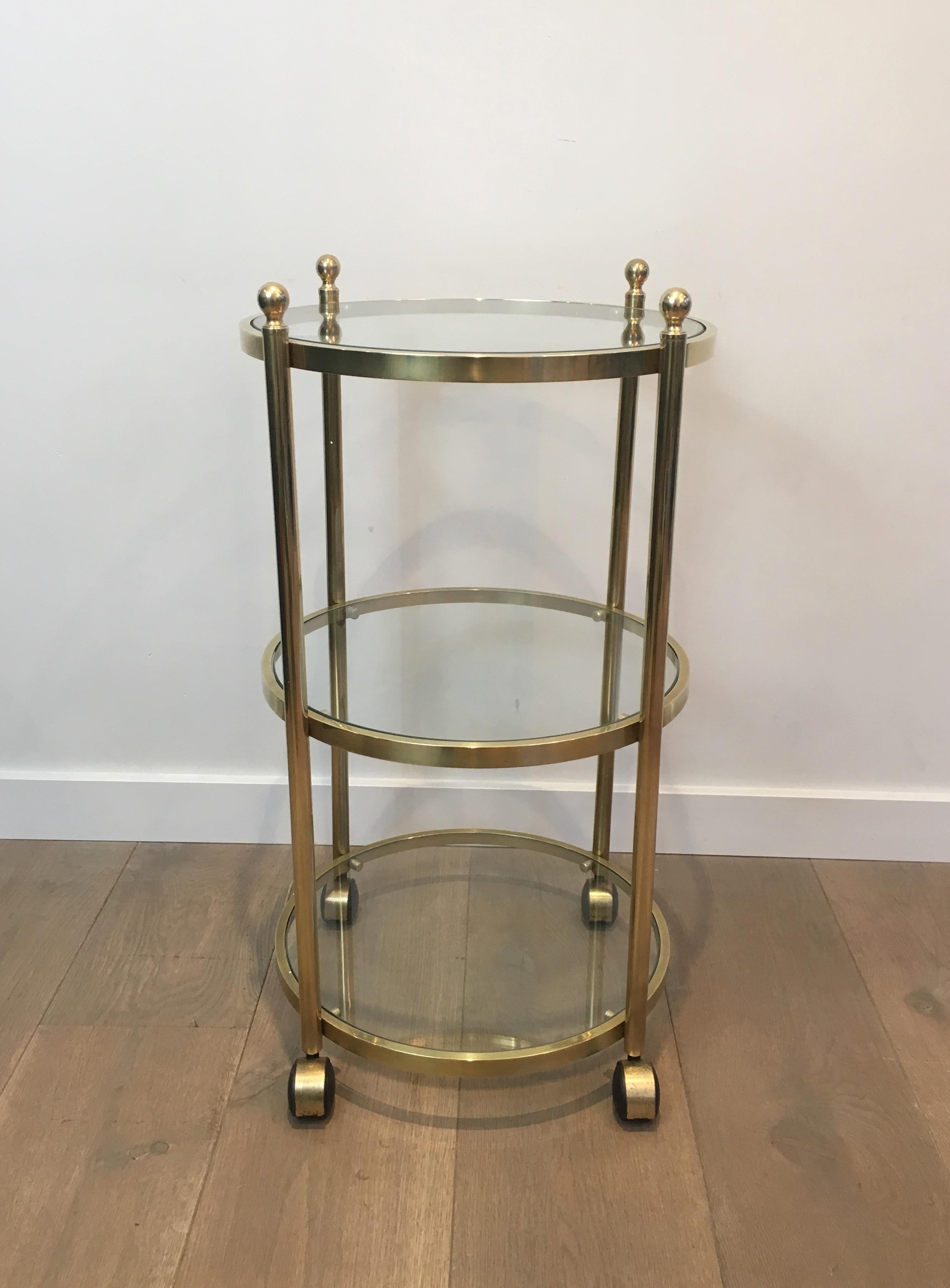 3 Tiers Round Brass Side Table on Casters, French, circa 1970 8