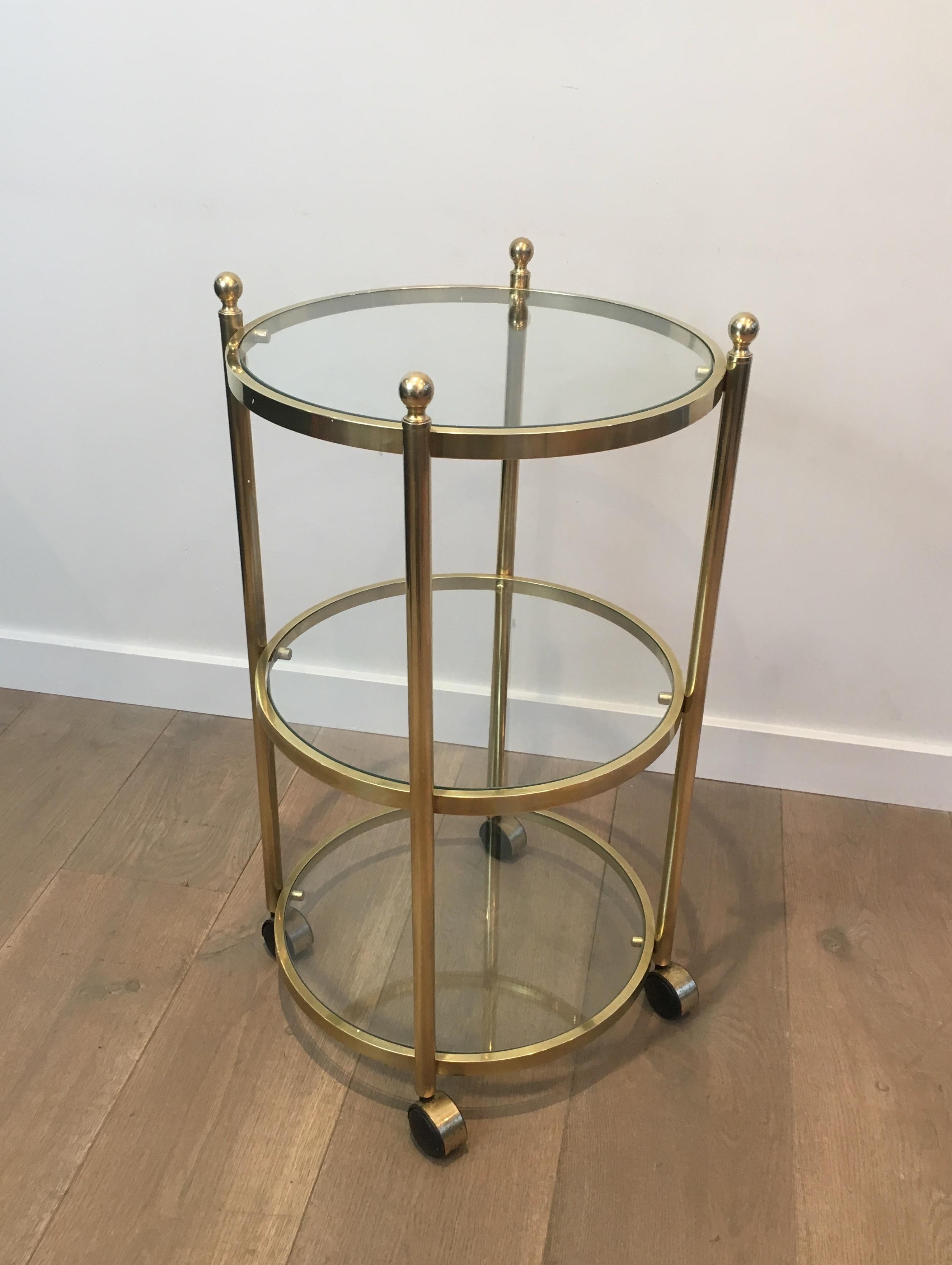 3 Tiers Round Brass Side Table on Casters, French, circa 1970 9