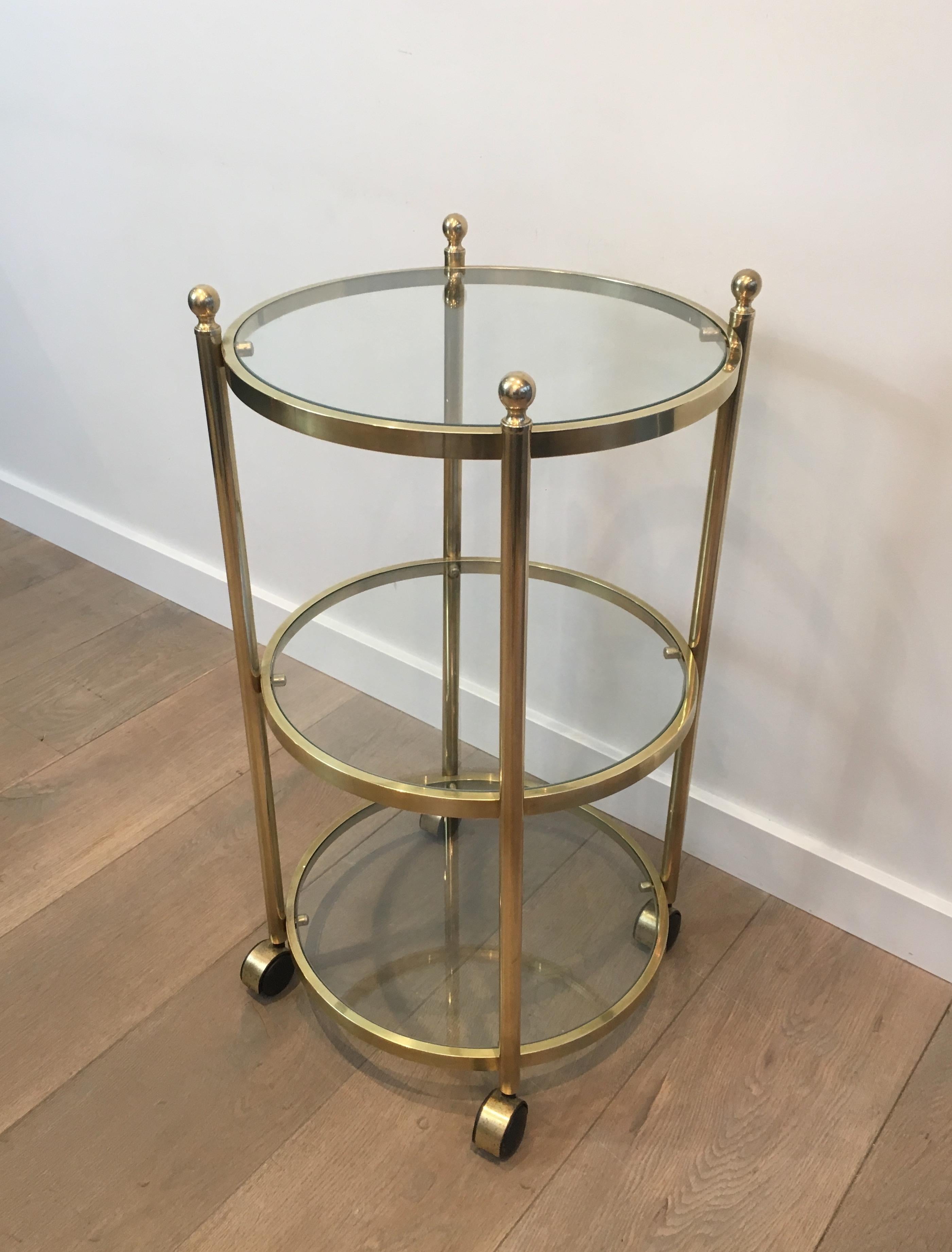 3 Tiers Round Brass Side Table on Casters, French, circa 1970 11