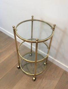 3 Tiers Round Brass Side Table on Casters, French, circa 1970