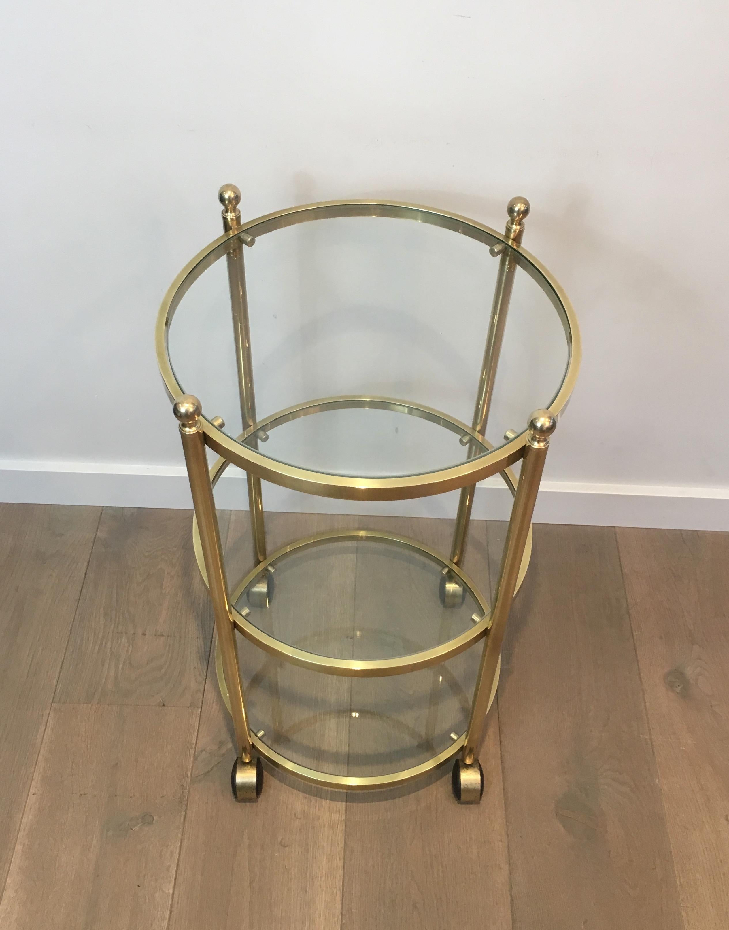Neoclassical 3 Tiers Round Brass Side Table on Casters, French, circa 1970
