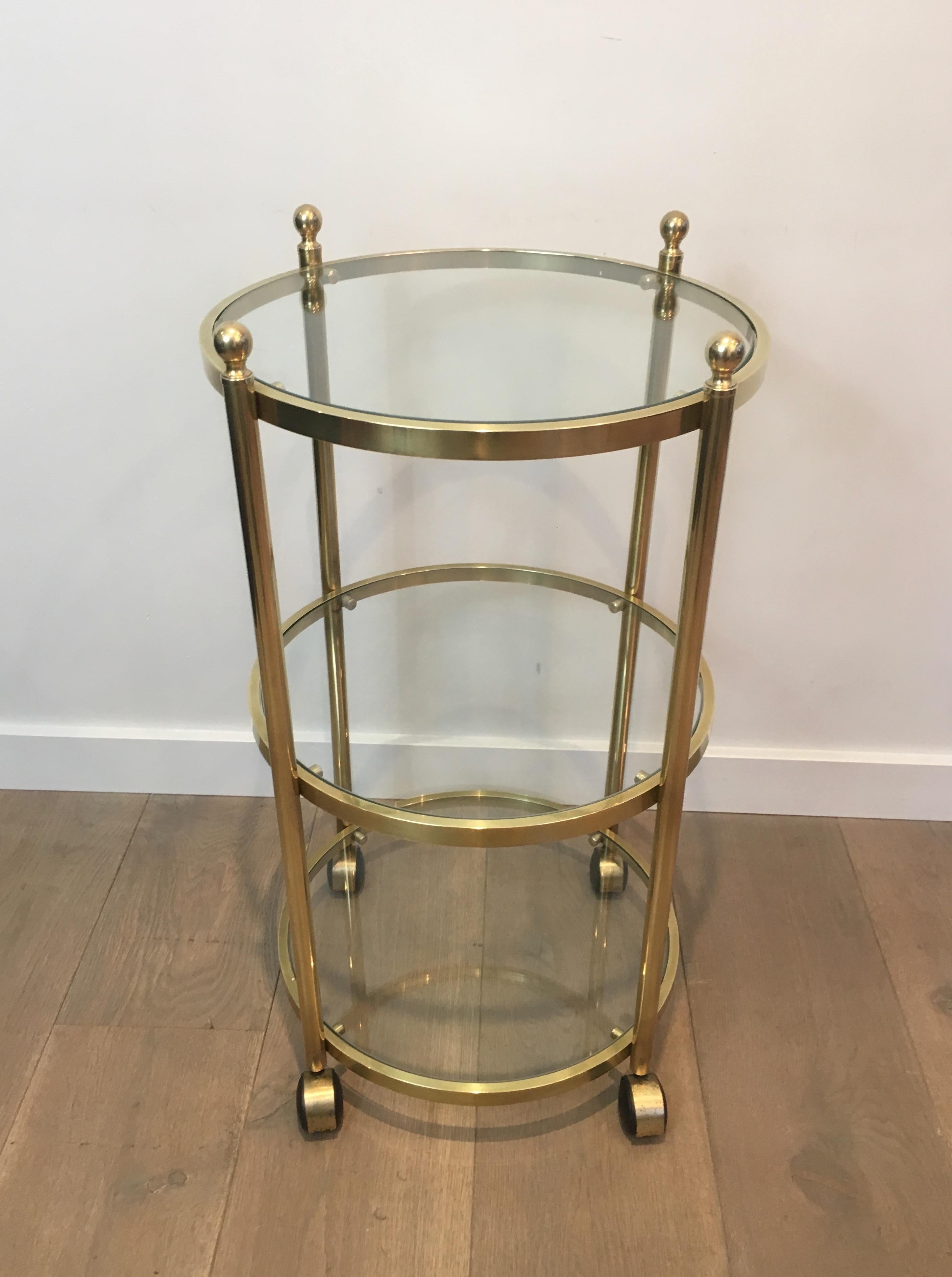 Gilt 3 Tiers Round Brass Side Table on Casters, French, circa 1970