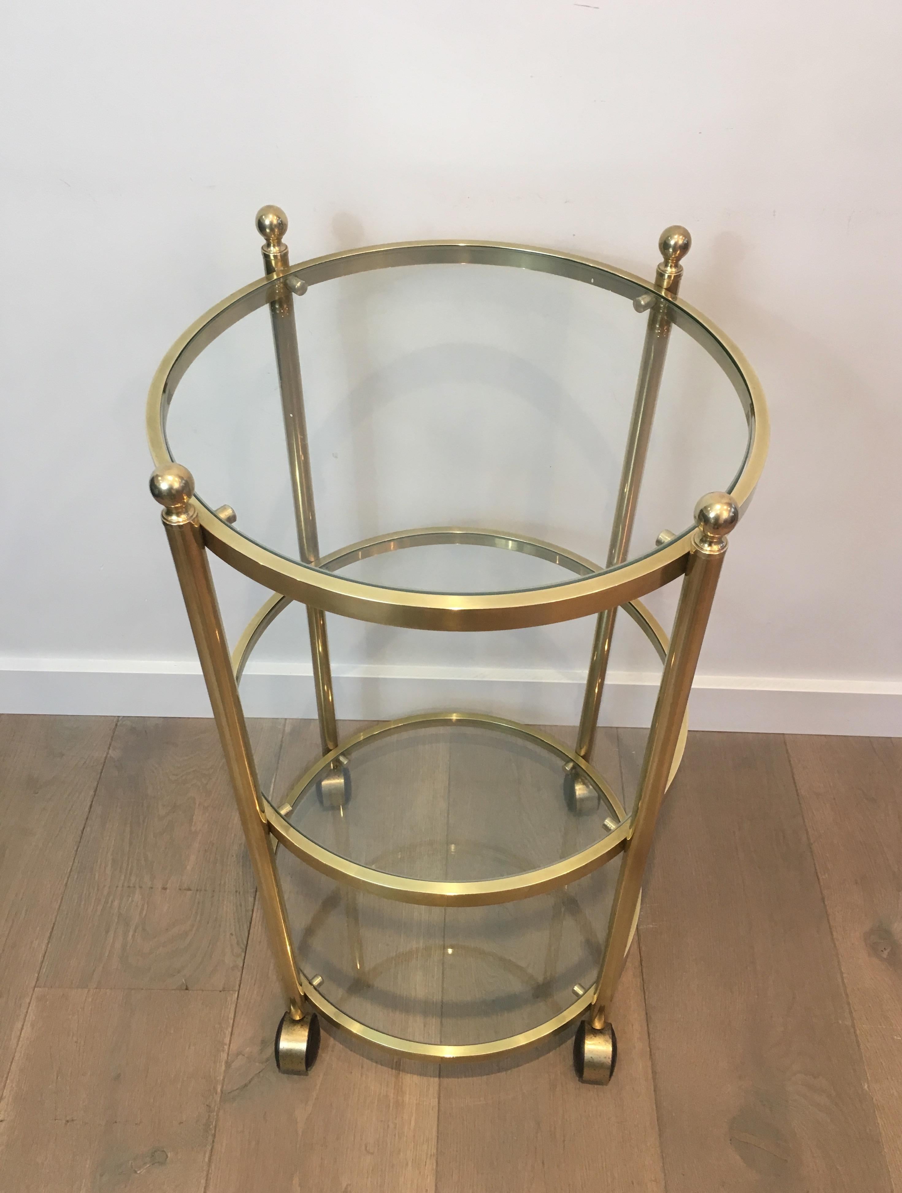 3 Tiers Round Brass Side Table on Casters, French, circa 1970 In Good Condition In Marcq-en-Barœul, Hauts-de-France