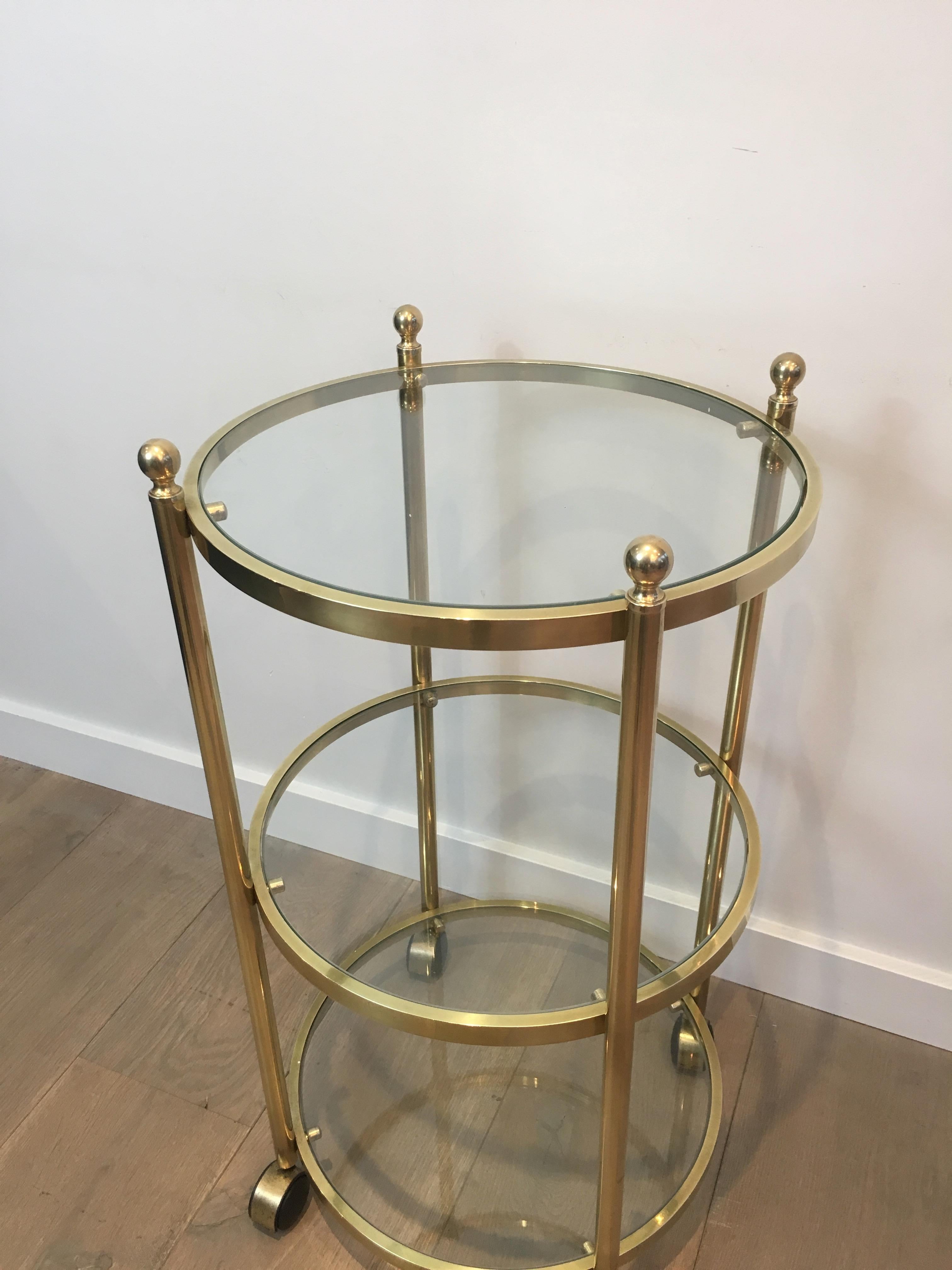 Late 20th Century 3 Tiers Round Brass Side Table on Casters, French, circa 1970