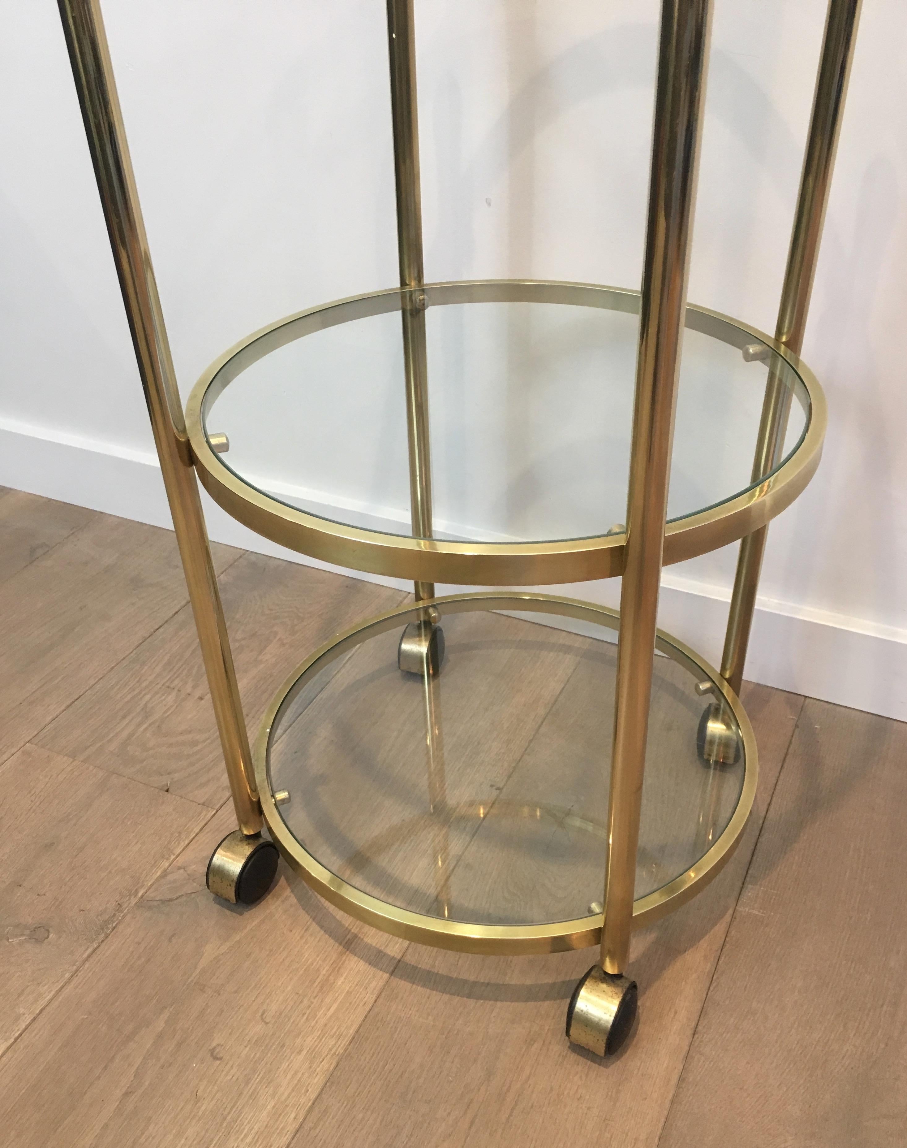Metal 3 Tiers Round Brass Side Table on Casters, French, circa 1970