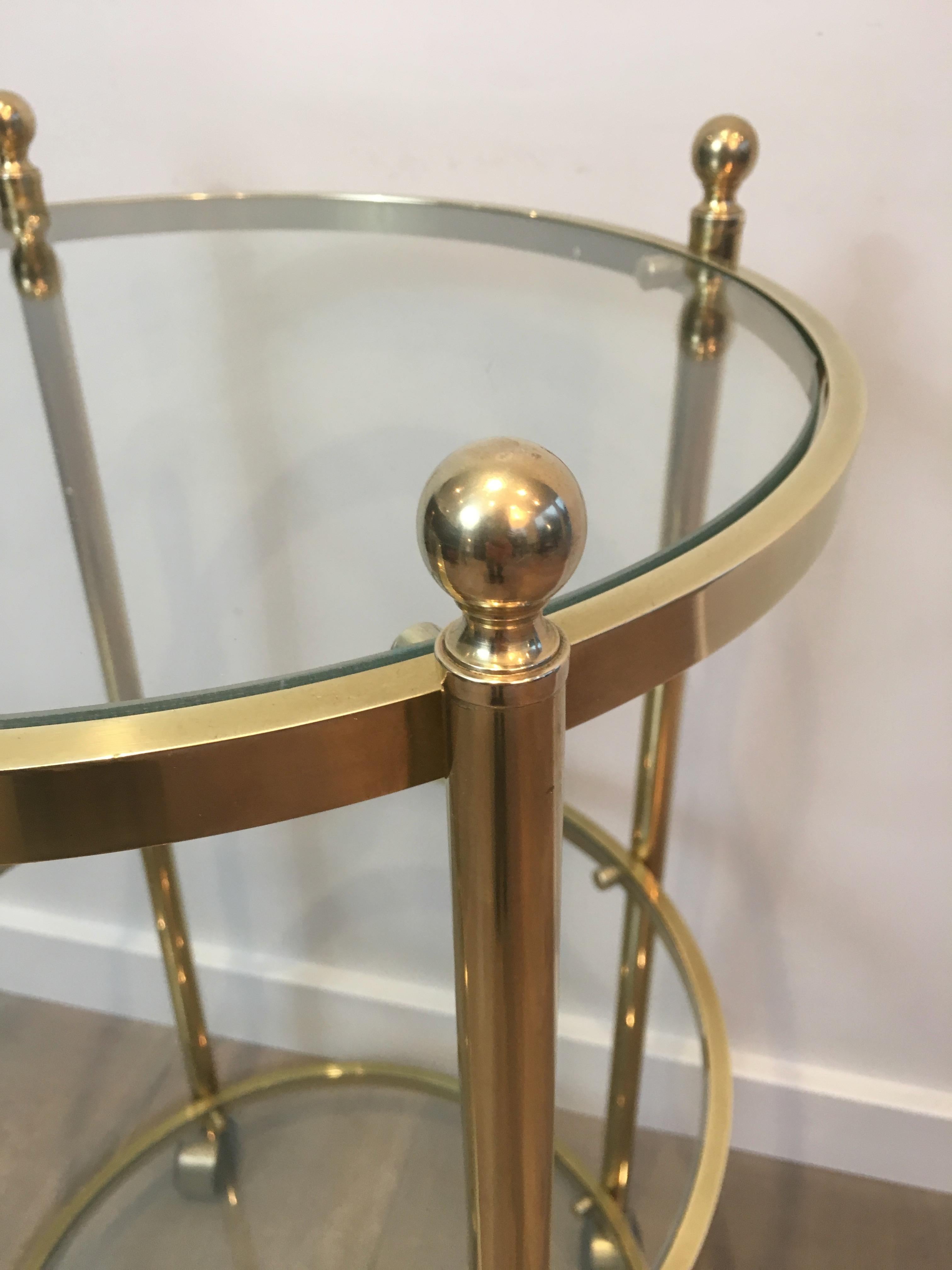 3 Tiers Round Brass Side Table on Casters, French, circa 1970 2
