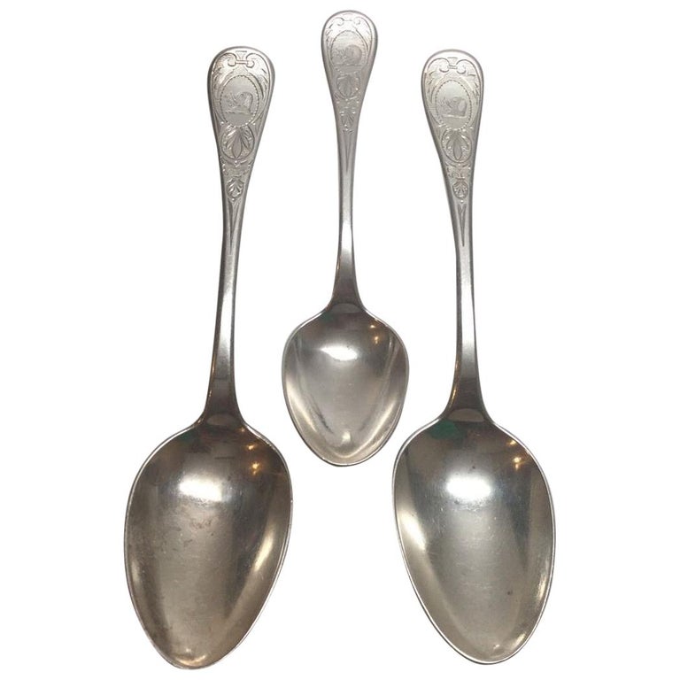3 Tiffany and Co. 1870 King William Engraved Spoons, 1 Teaspoon and 2