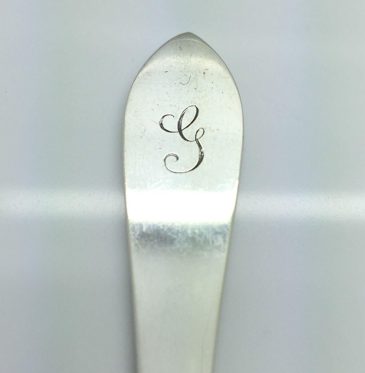 3 Tiffany & Co. sterling silver Faneuil 1910 pattern flat handle butter knives. Monogrammed with a 