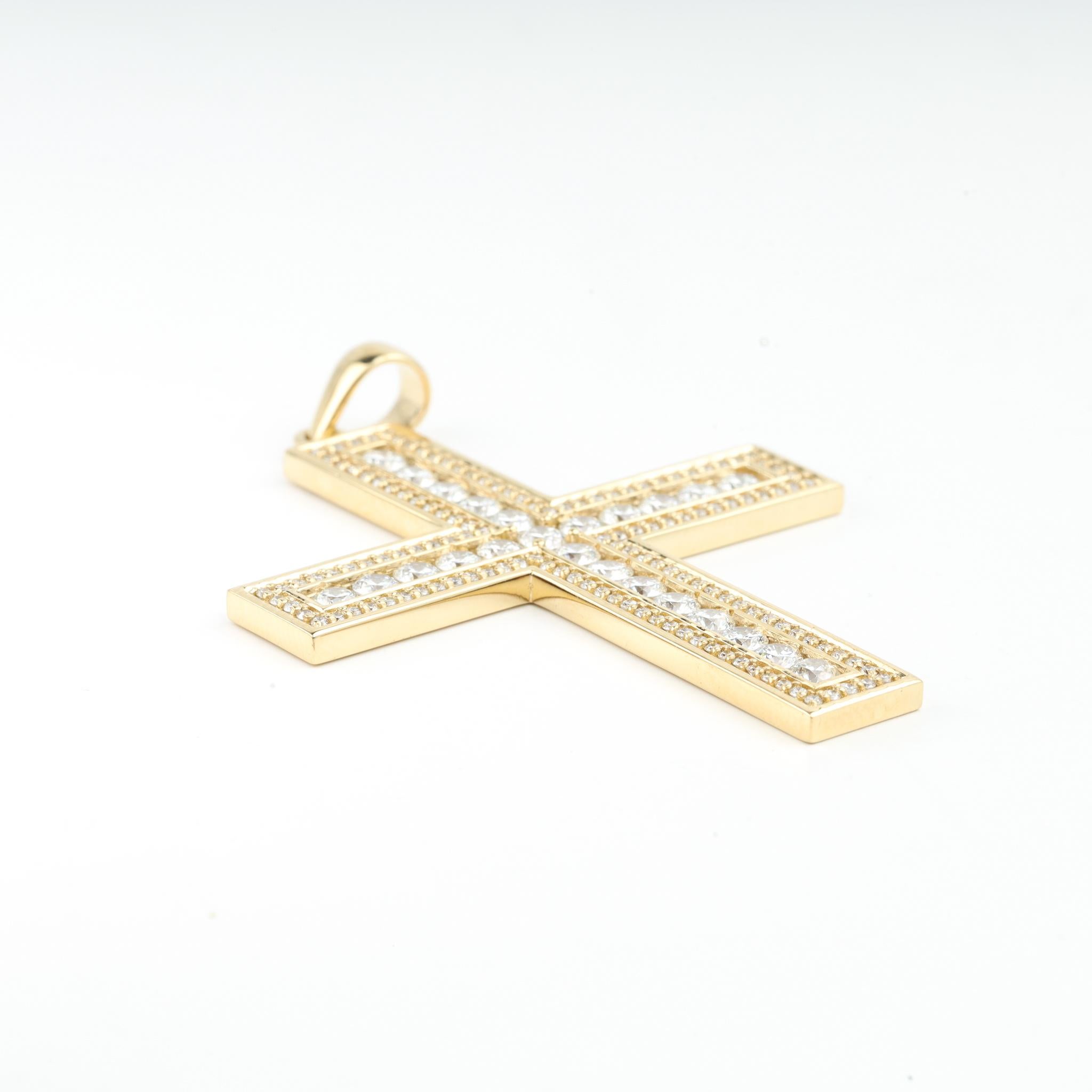 Art Deco 3 Total Carat Weight Diamond Religious Cross Pendant in 18k solid yellow gold  For Sale
