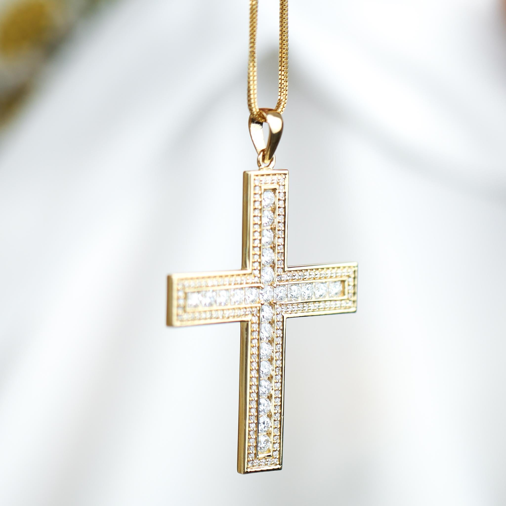 3 Total Carat Weight Diamond Religious Cross Pendant in 18k solid yellow gold  For Sale 1