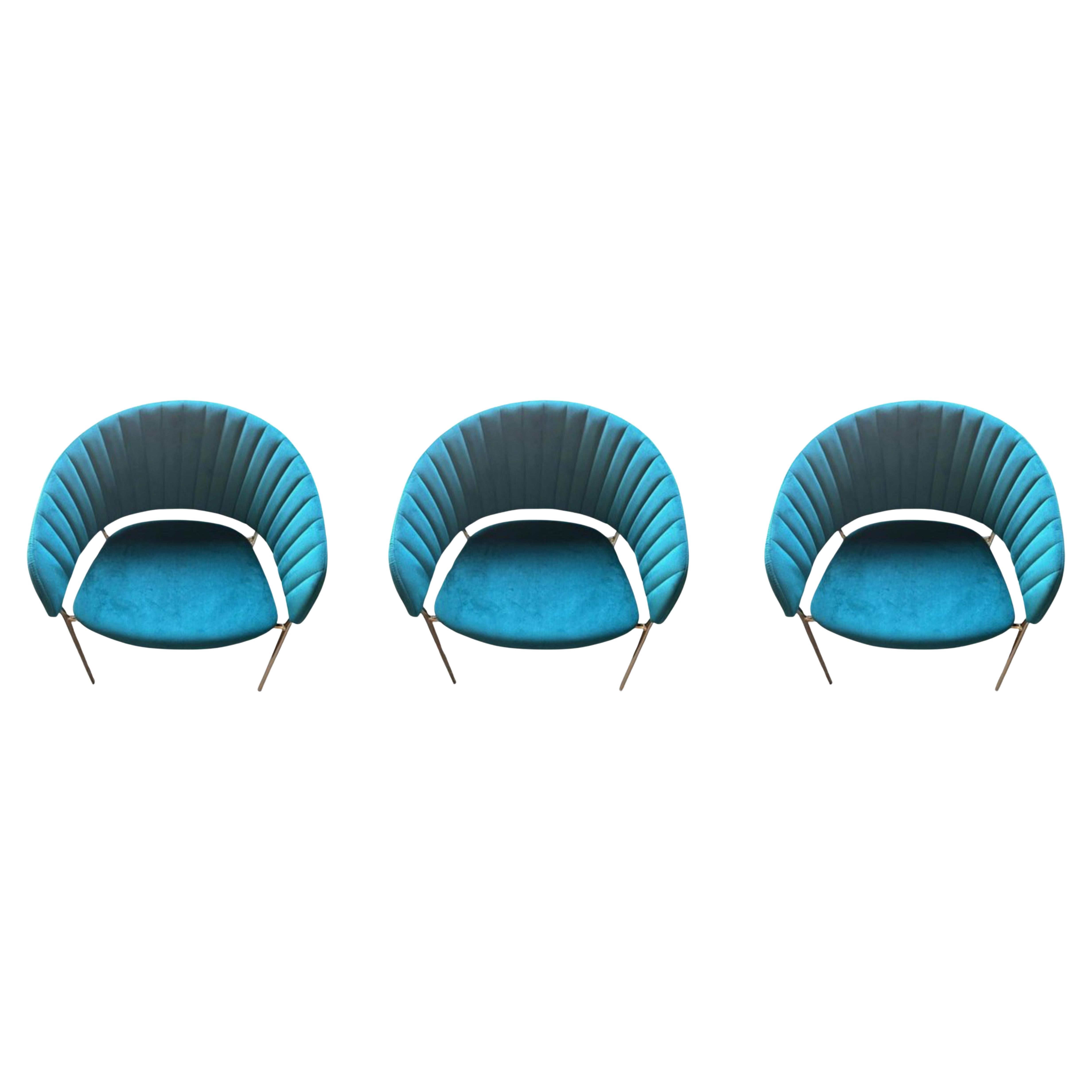 3 ( Tree ) New Spanish Chair Metal Blu " Pavo Real " Velvet Upholstery