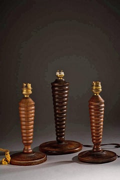 3 turned wood lamps circa 1940/1950 in the style of Charles Dudouyt