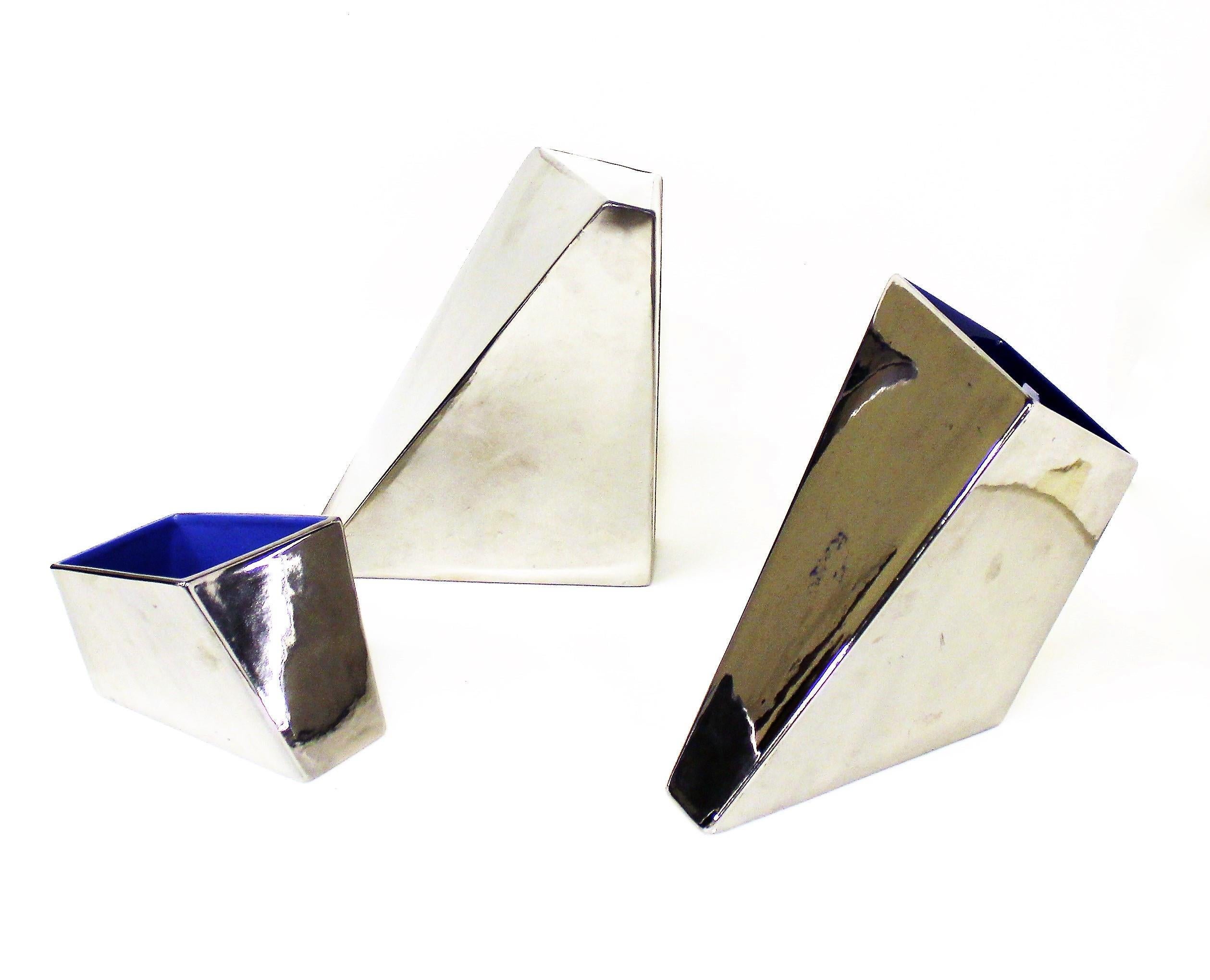 Italian 20th Century Chromed Silver Ceramic Irregular Parallelepiped Vases for Driade