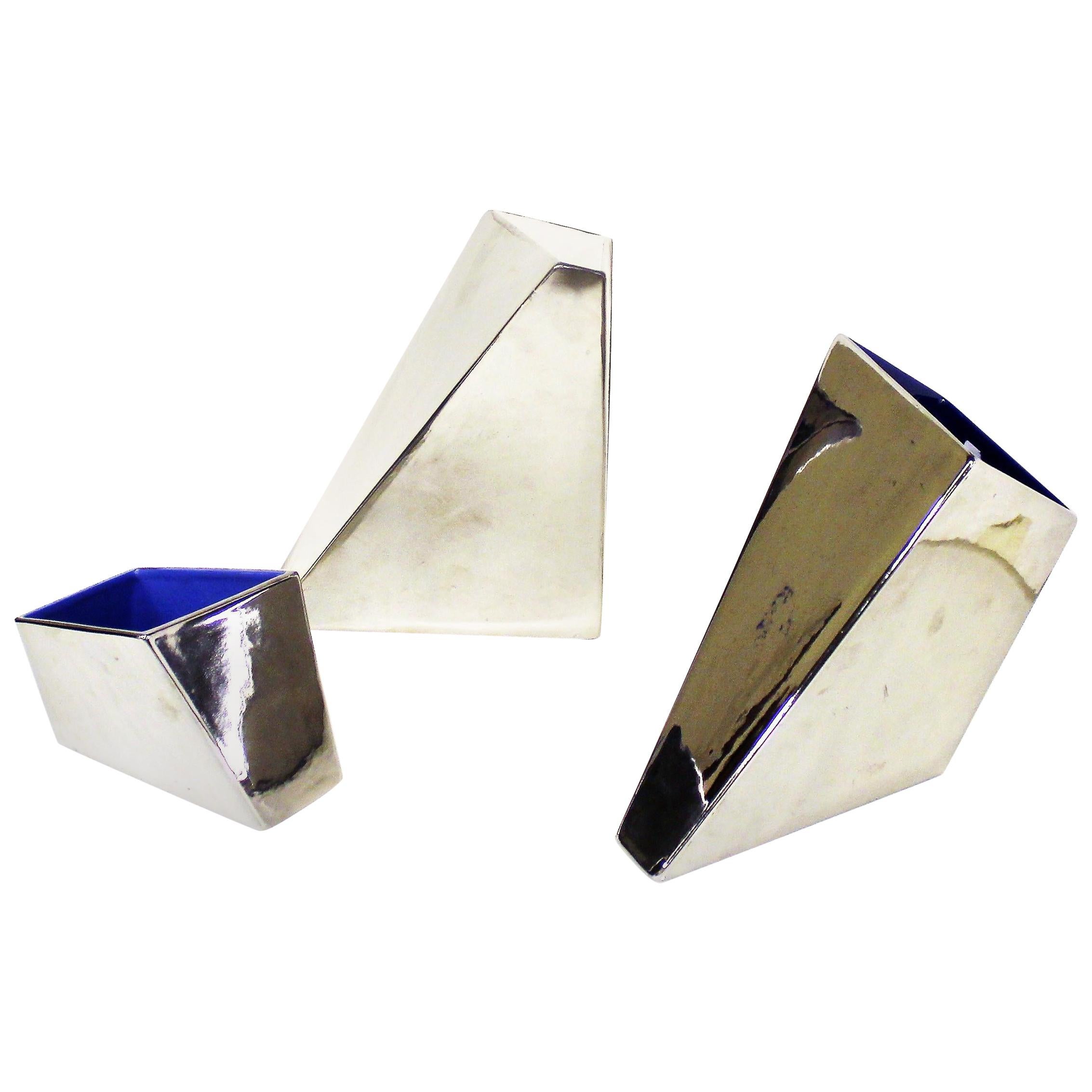 20th Century Chromed Silver Ceramic Irregular Parallelepiped Vases for Driade