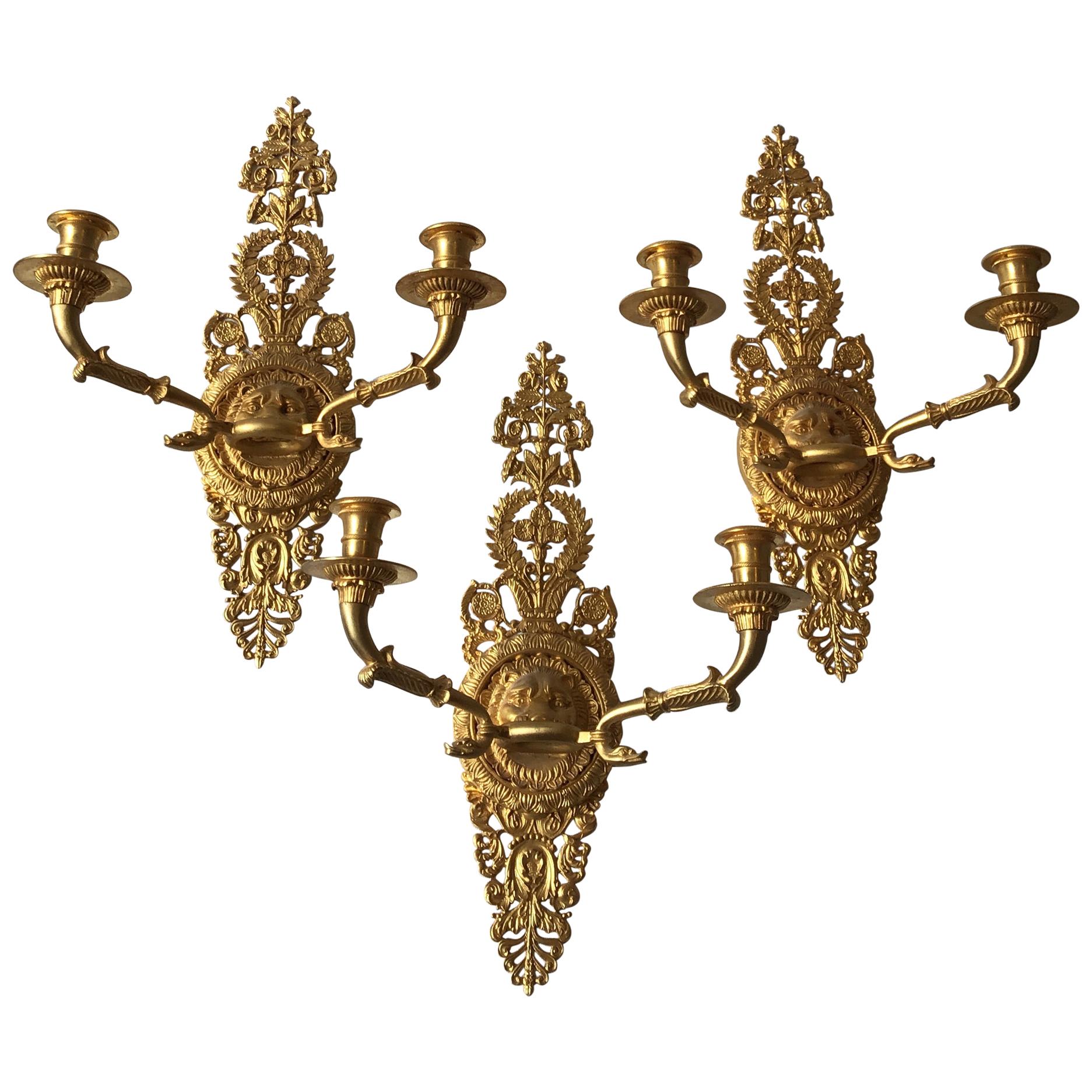 3 Versace Style Gold-Plated Lion Head Classical Sconces For Sale