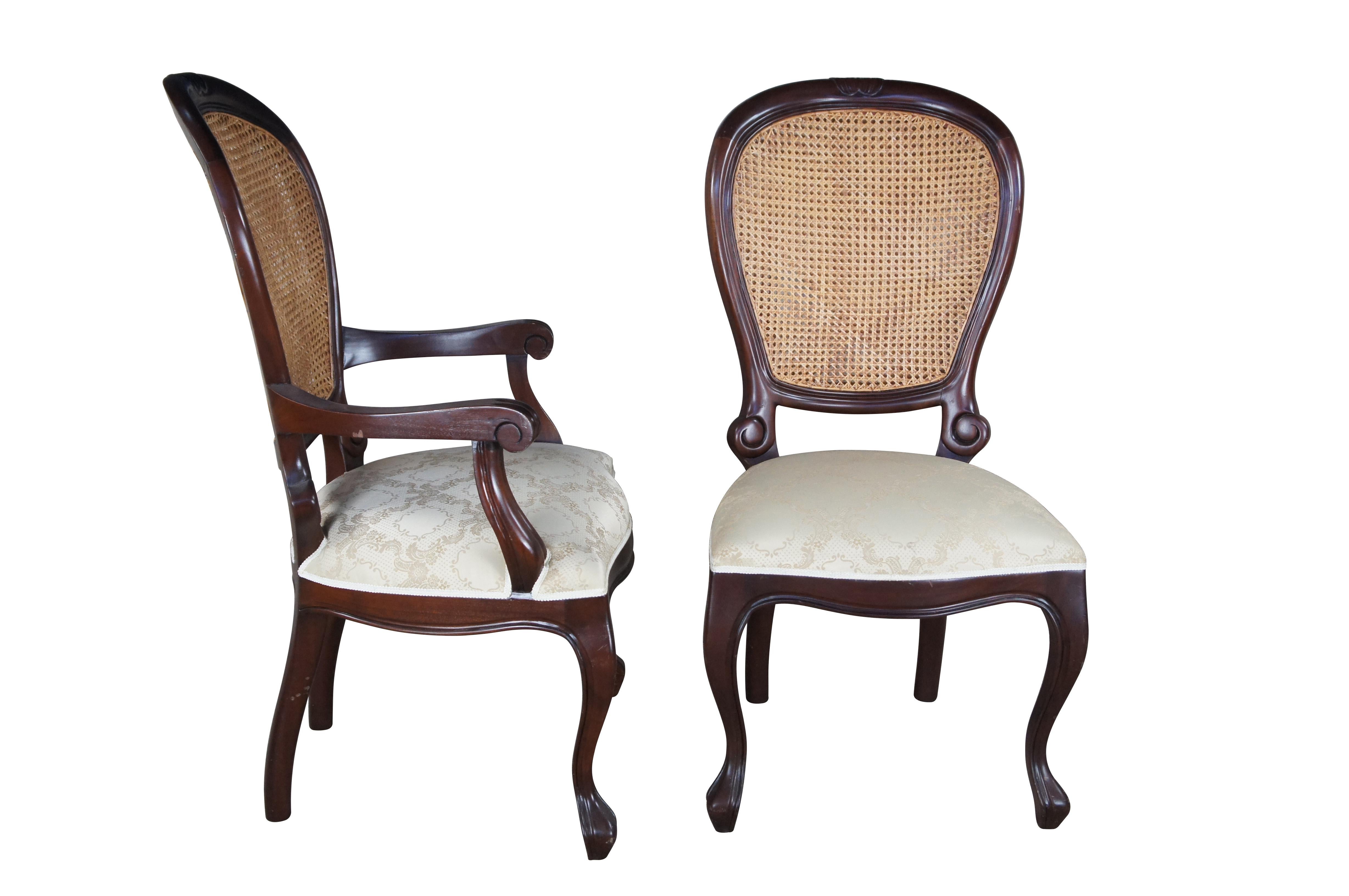 3 Victorian Revival Mahogany Balloon Back Caned Dining Chairs Silk Brocade Seats In Good Condition For Sale In Dayton, OH