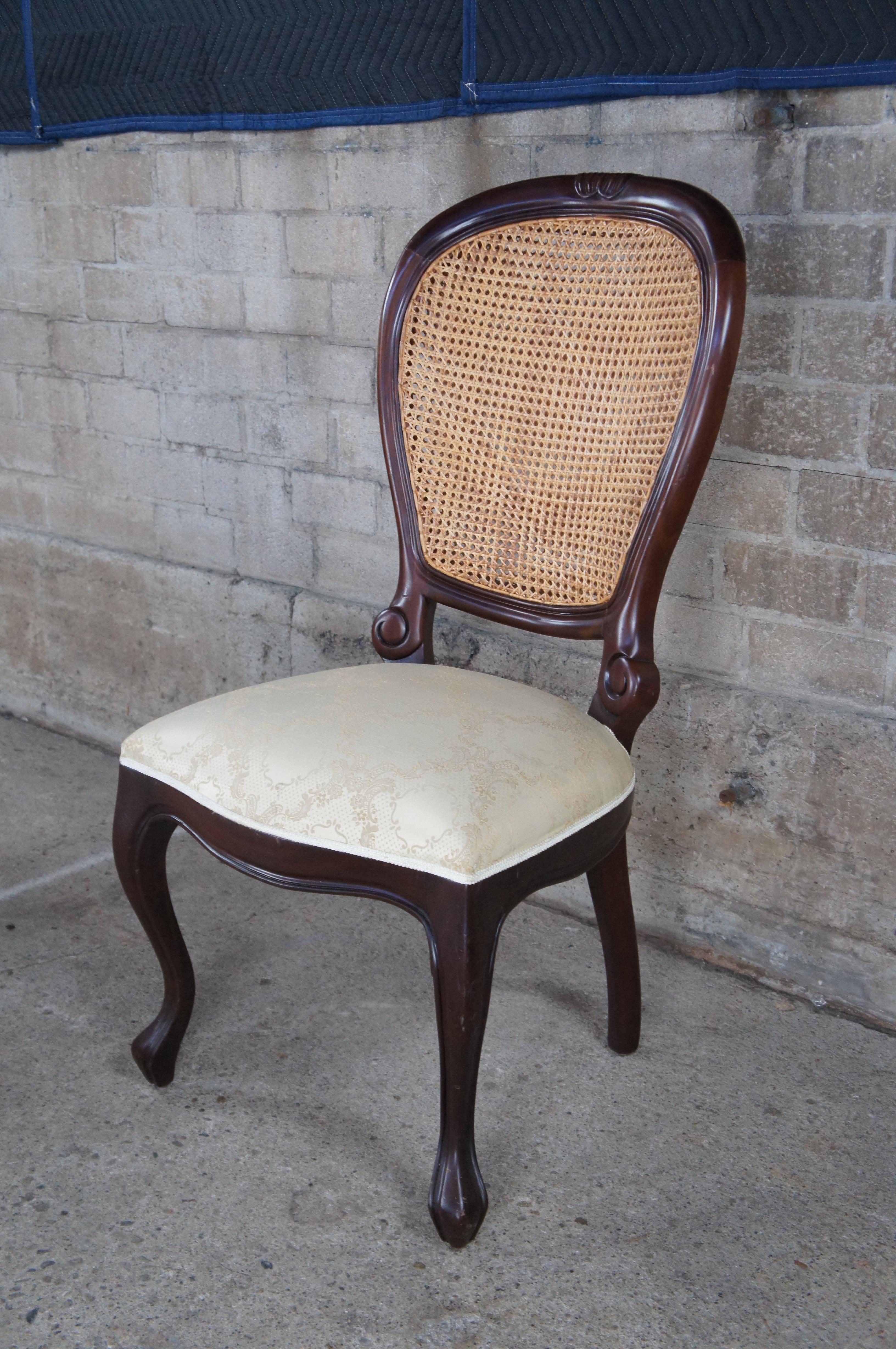 20th Century 3 Victorian Revival Mahogany Balloon Back Caned Dining Chairs Silk Brocade Seats For Sale
