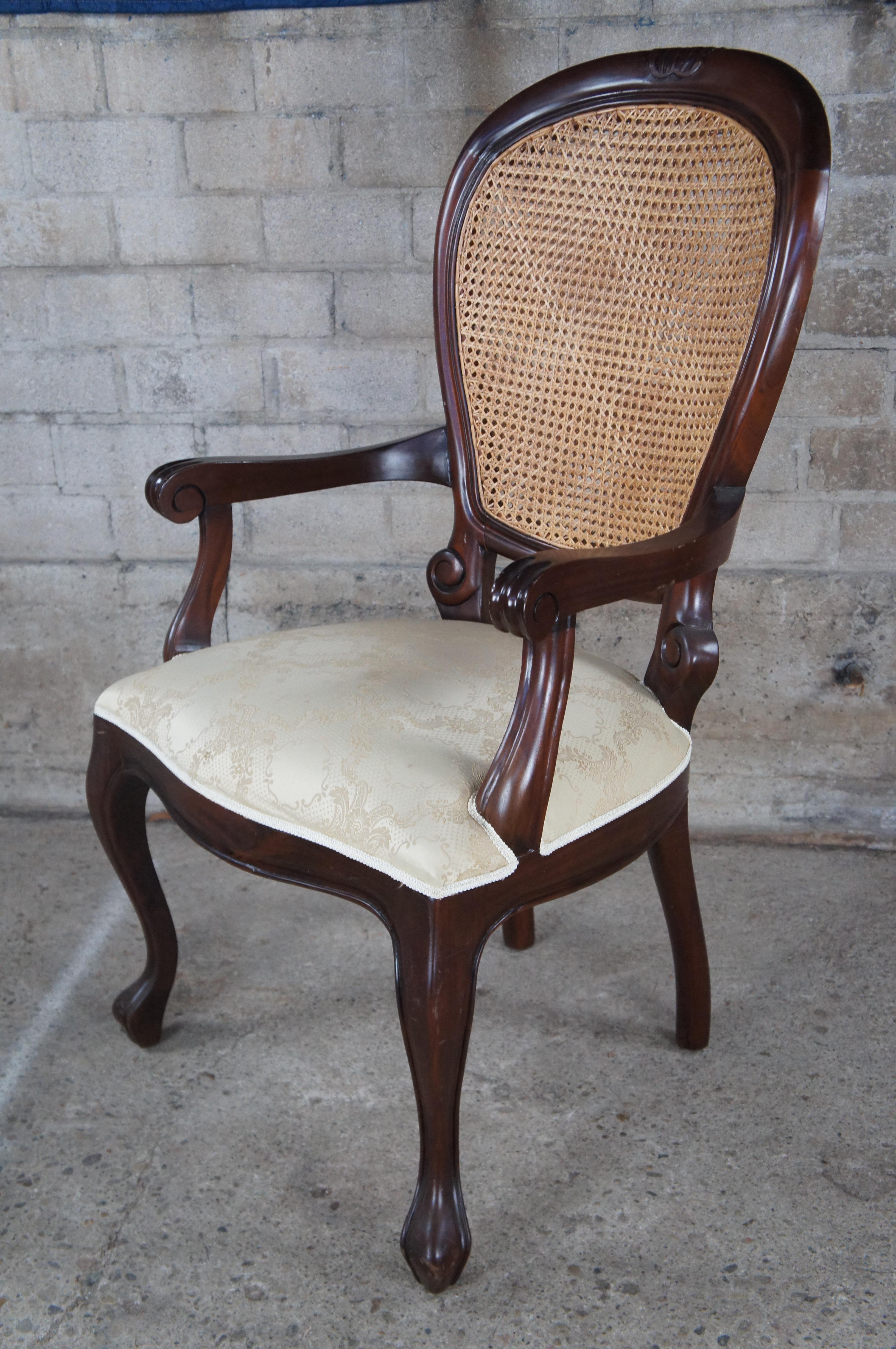 3 Victorian Revival Mahogany Balloon Back Caned Dining Chairs Silk Brocade Seats For Sale 4