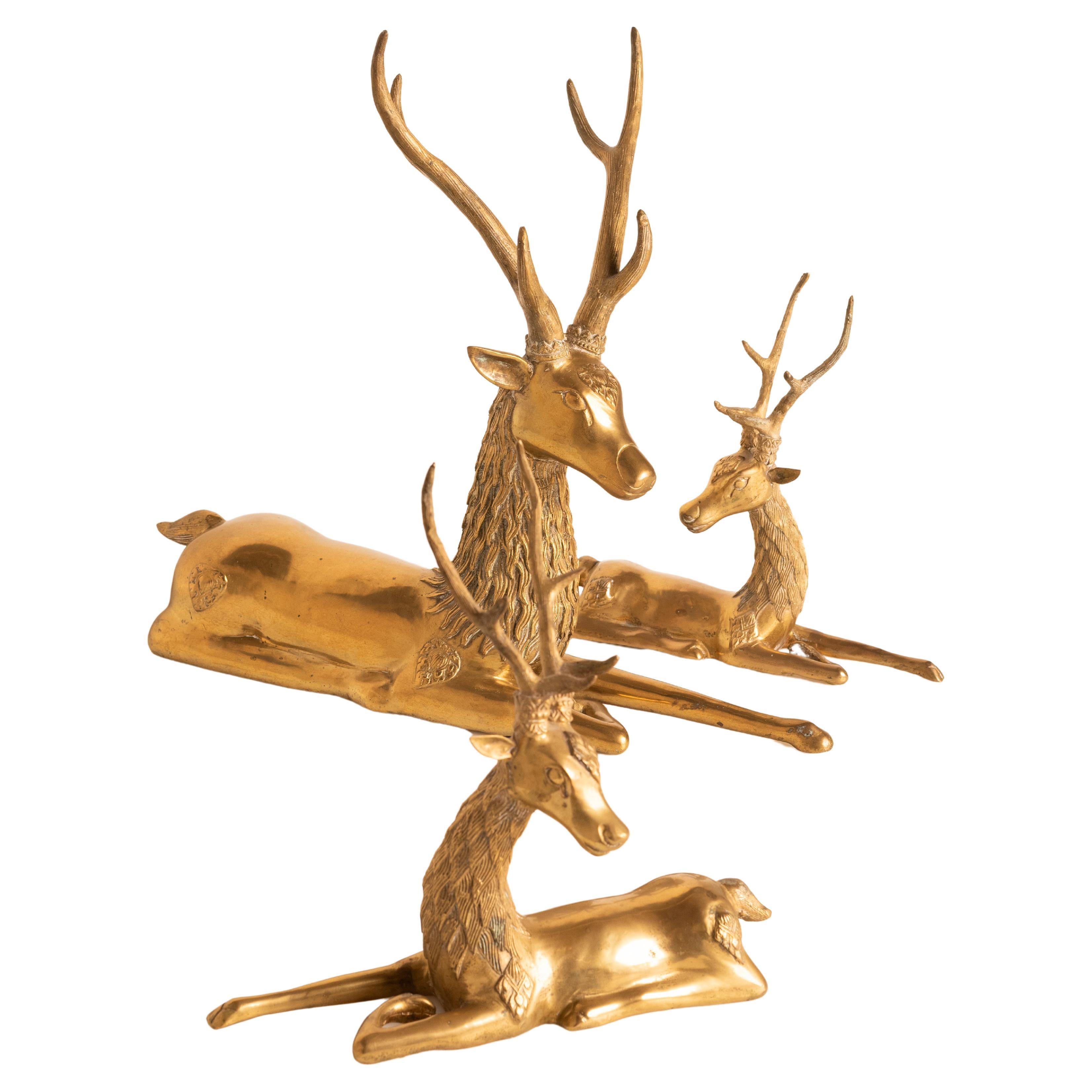 3 vintage brass Hollywood Regency deer (1970s) For Sale