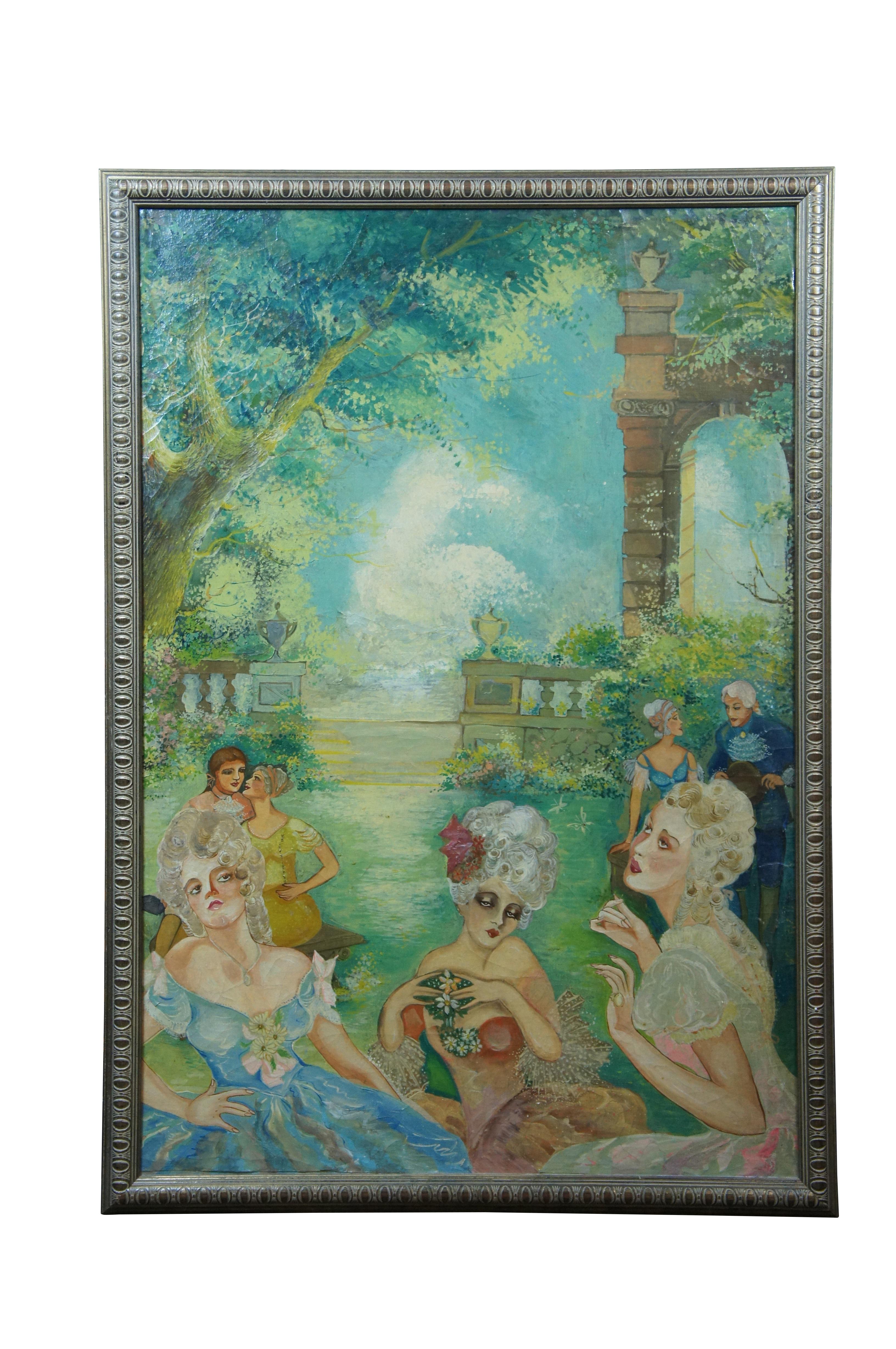 Set of three mid to late 20th century French Colonial oil paintings on board depicting an array of figures dressed for a modern imagining of a French Provincial, court of Versailles type garden party, full of seduction and debauchery. Champagne