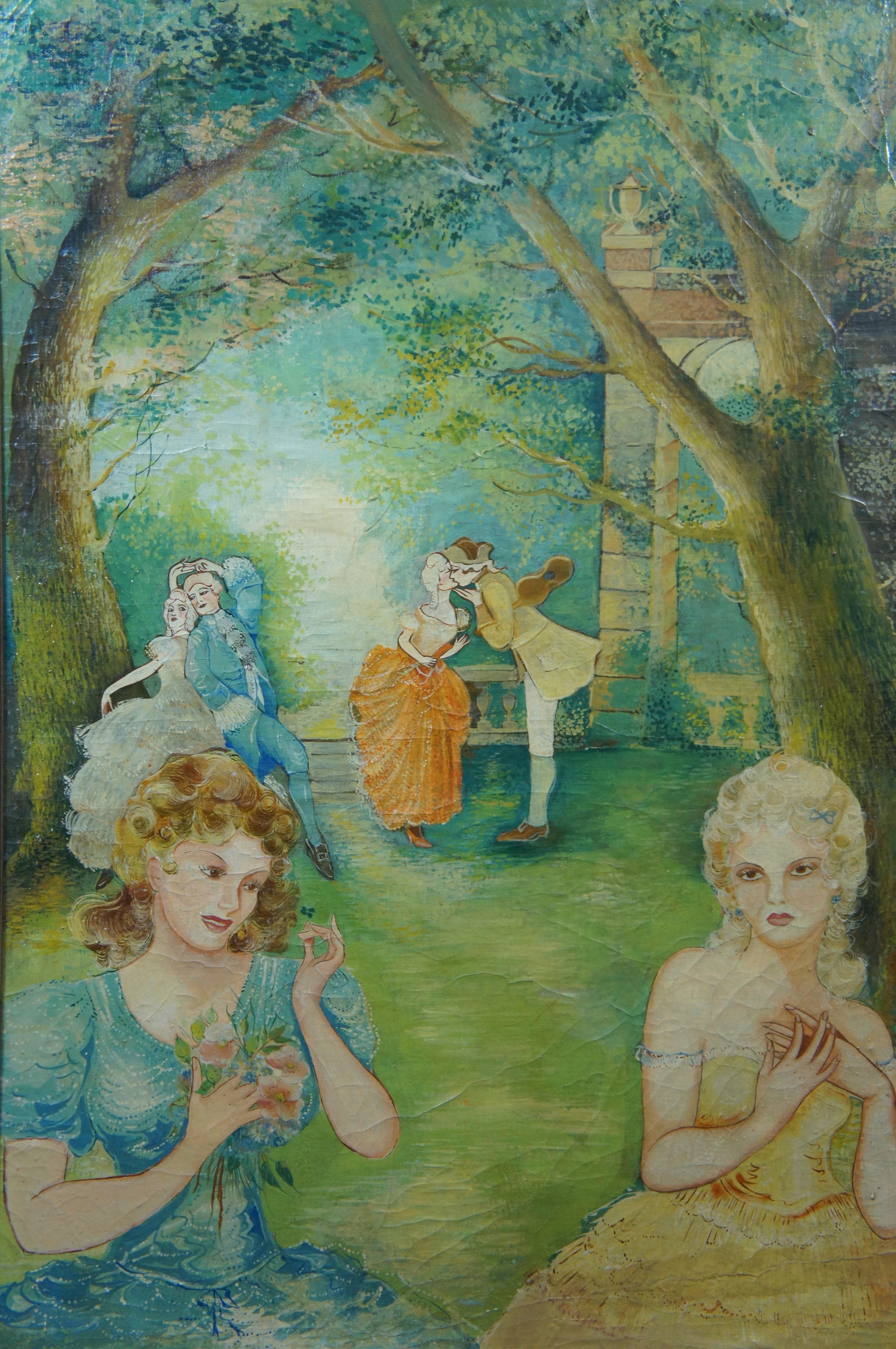 3 Vintage French Colonial Court Garden Party Scene Oil Paintings on Board 50