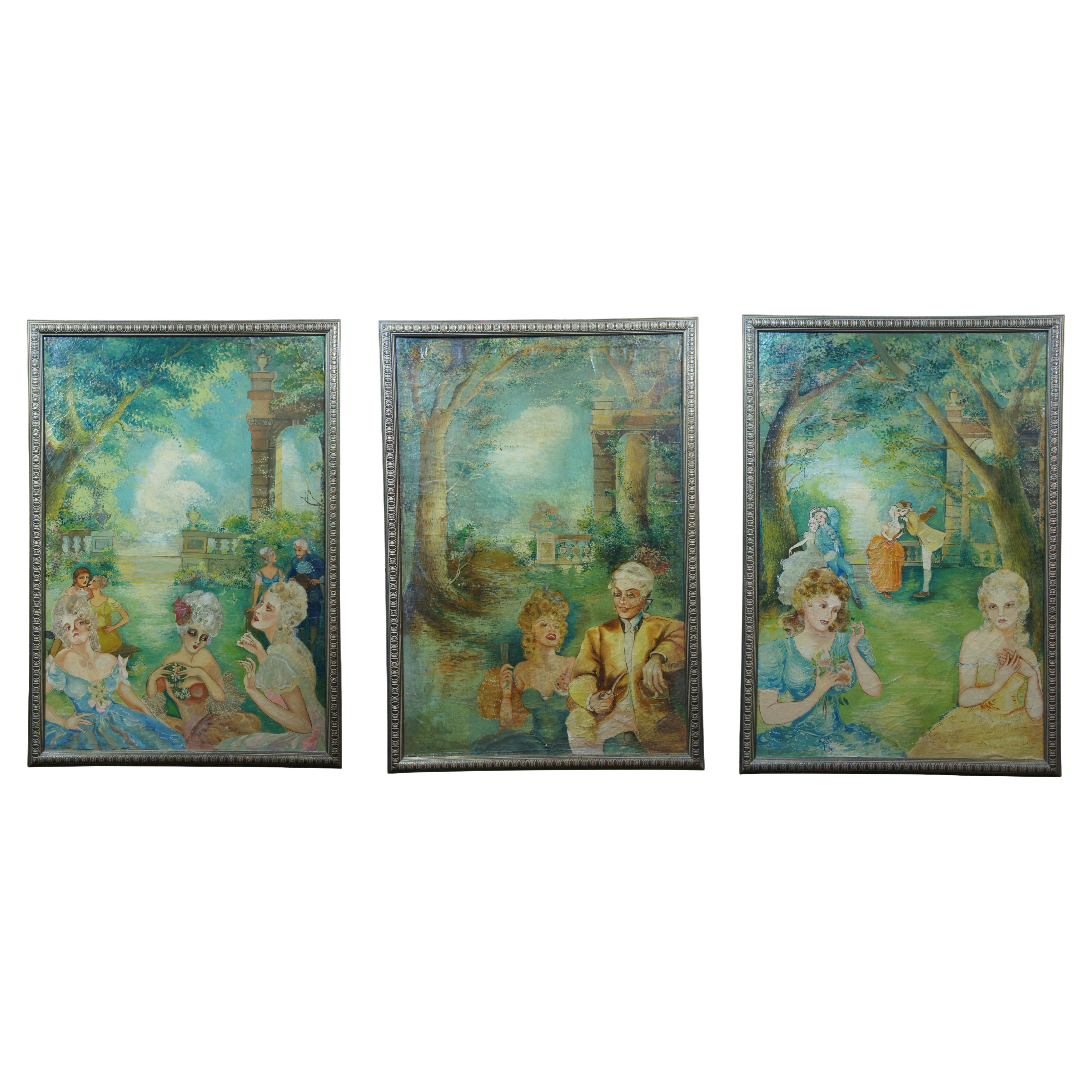 3 Vintage French Colonial Court Garden Party Scene Oil Paintings on Board 50" For Sale