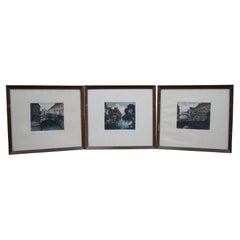 3 Vintage German Cityscape Town Colored Etchings Pencil Signed Set Framed