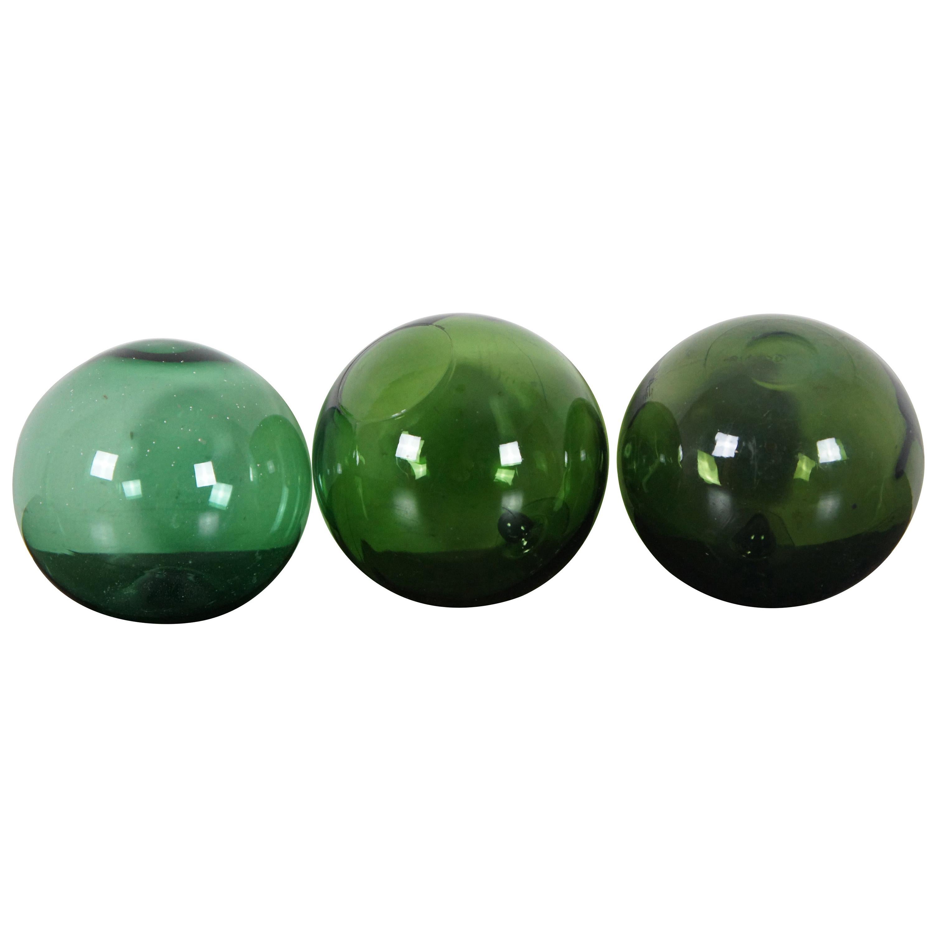 3 Vintage Green Japanese Blown Glass Fishing Floats Nautical Buoy Marker
