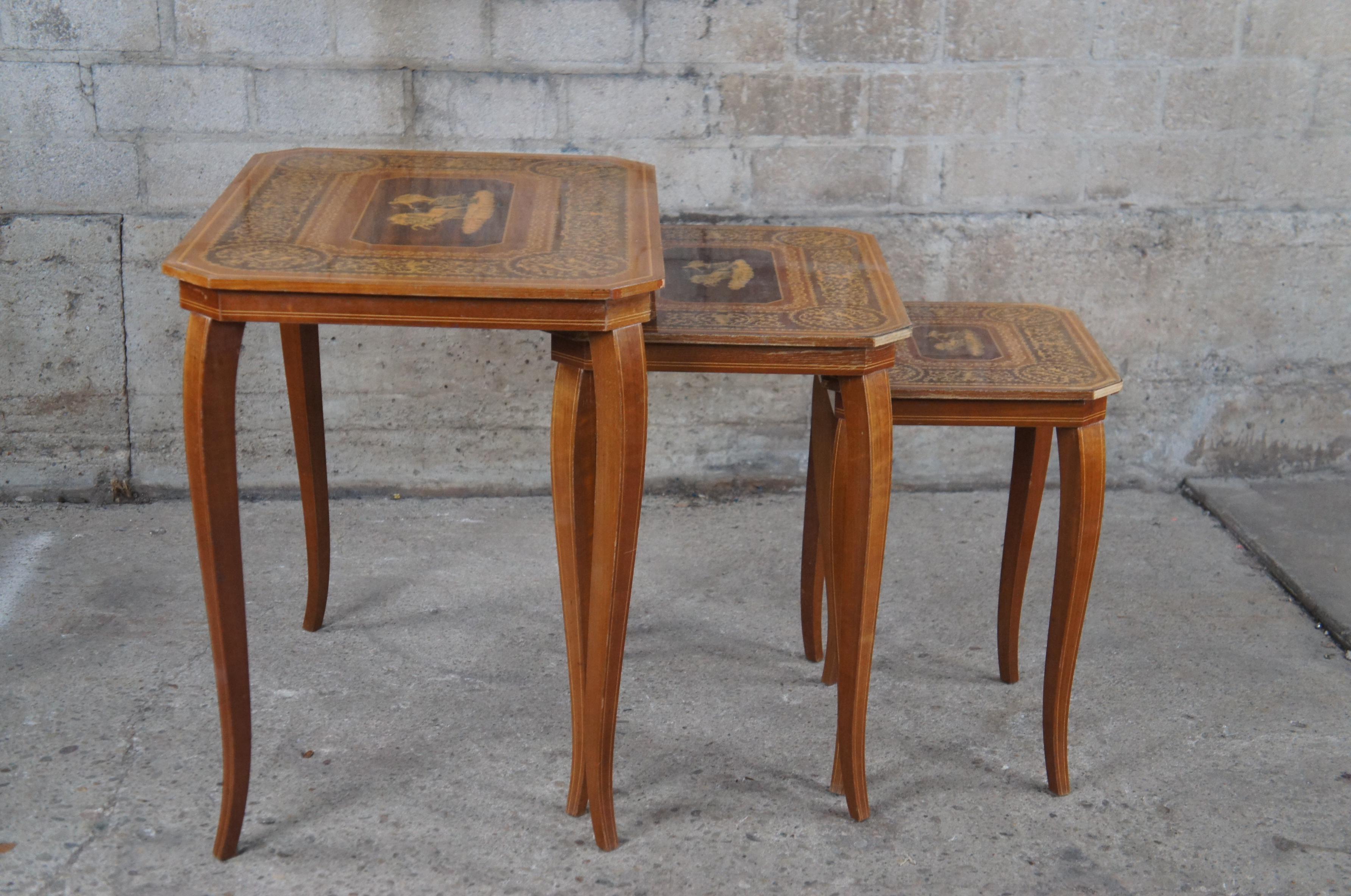 3 Vintage Inlaid Satinwood Italian Neo-Grec Neoclassical Nesting Side Tables For Sale 5