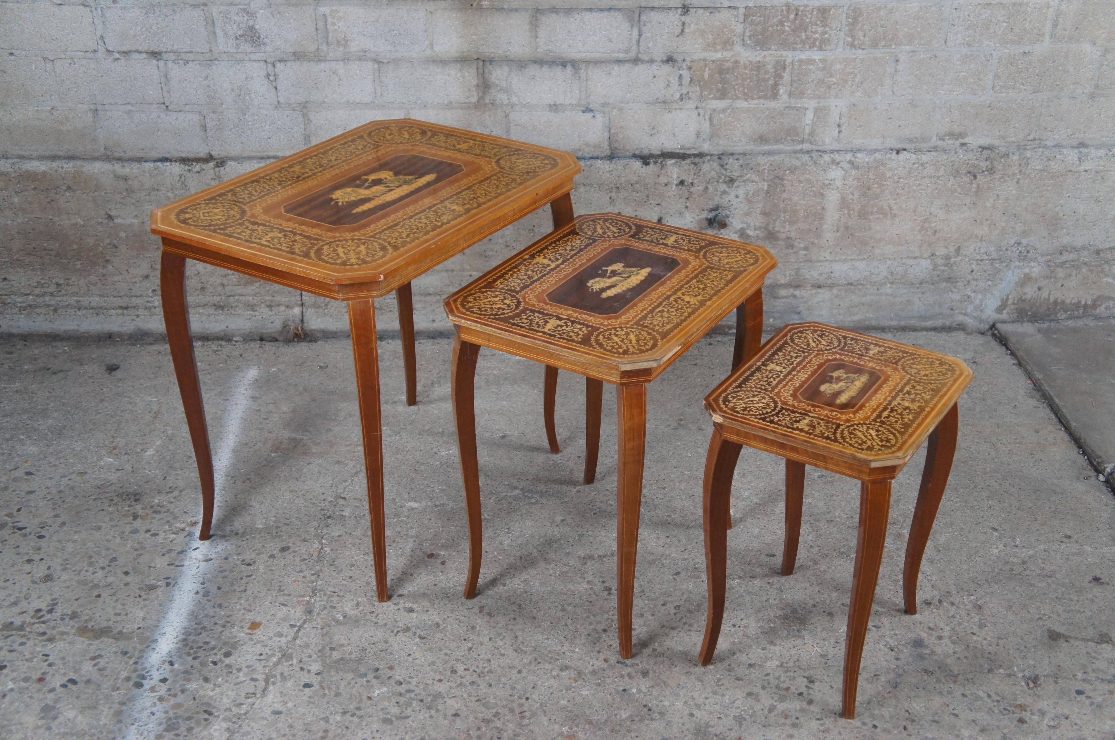 3 Vintage Inlaid Satinwood Italian Neo-Grec Neoclassical Nesting Side Tables For Sale 6