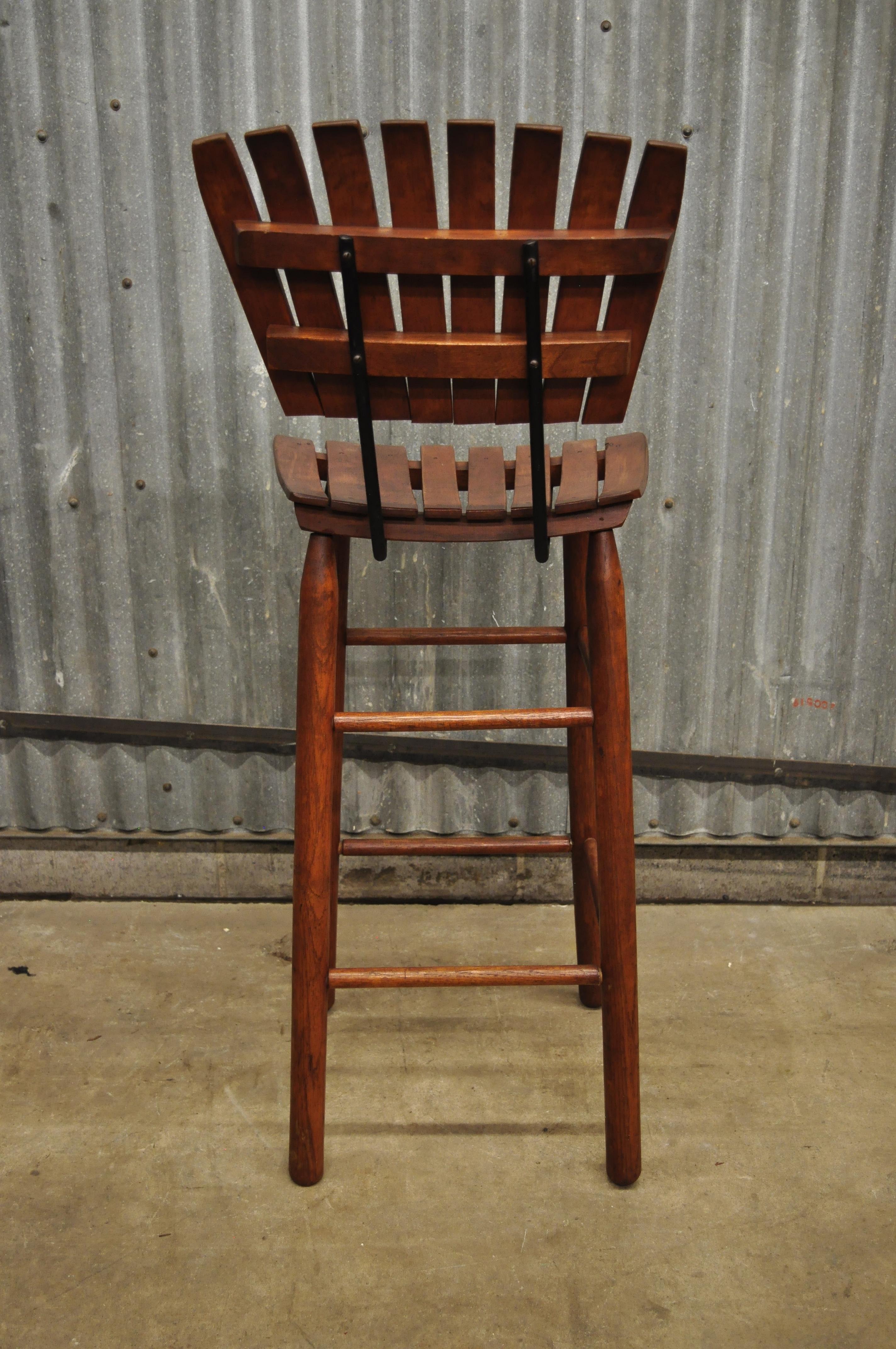 20th Century 3 Vintage Mid-Century Modern Arthur Umanoff Wood Slatted Wooden Bar Stools