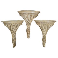 3 Vintage Neoclassical Coastal Boho Beaded Twisted Wall Shelf Sconces 17"