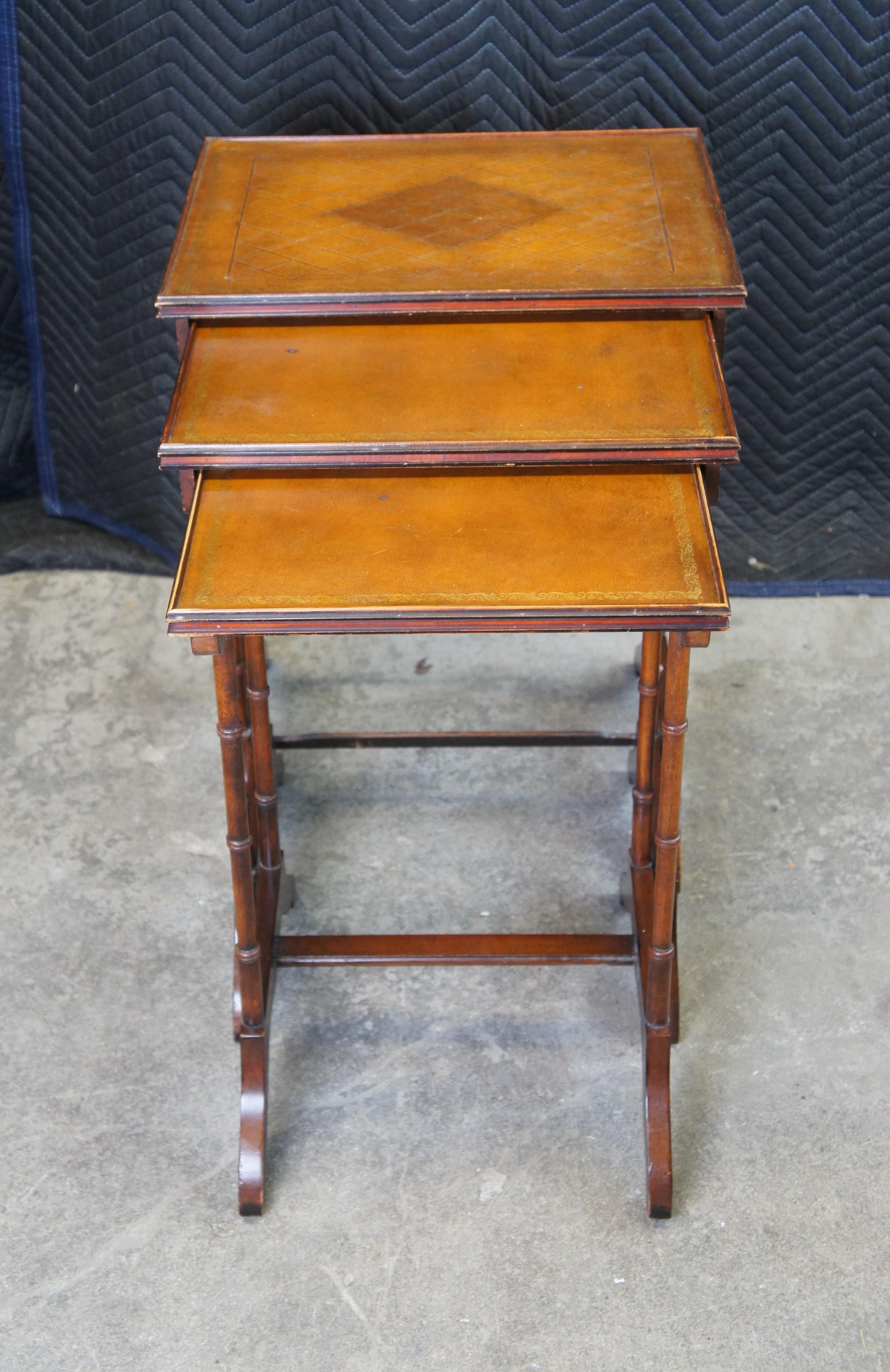 20th Century 3 Vintage Regency Style Tooled Leather Mahogany Nesting Side Tables Sheraton