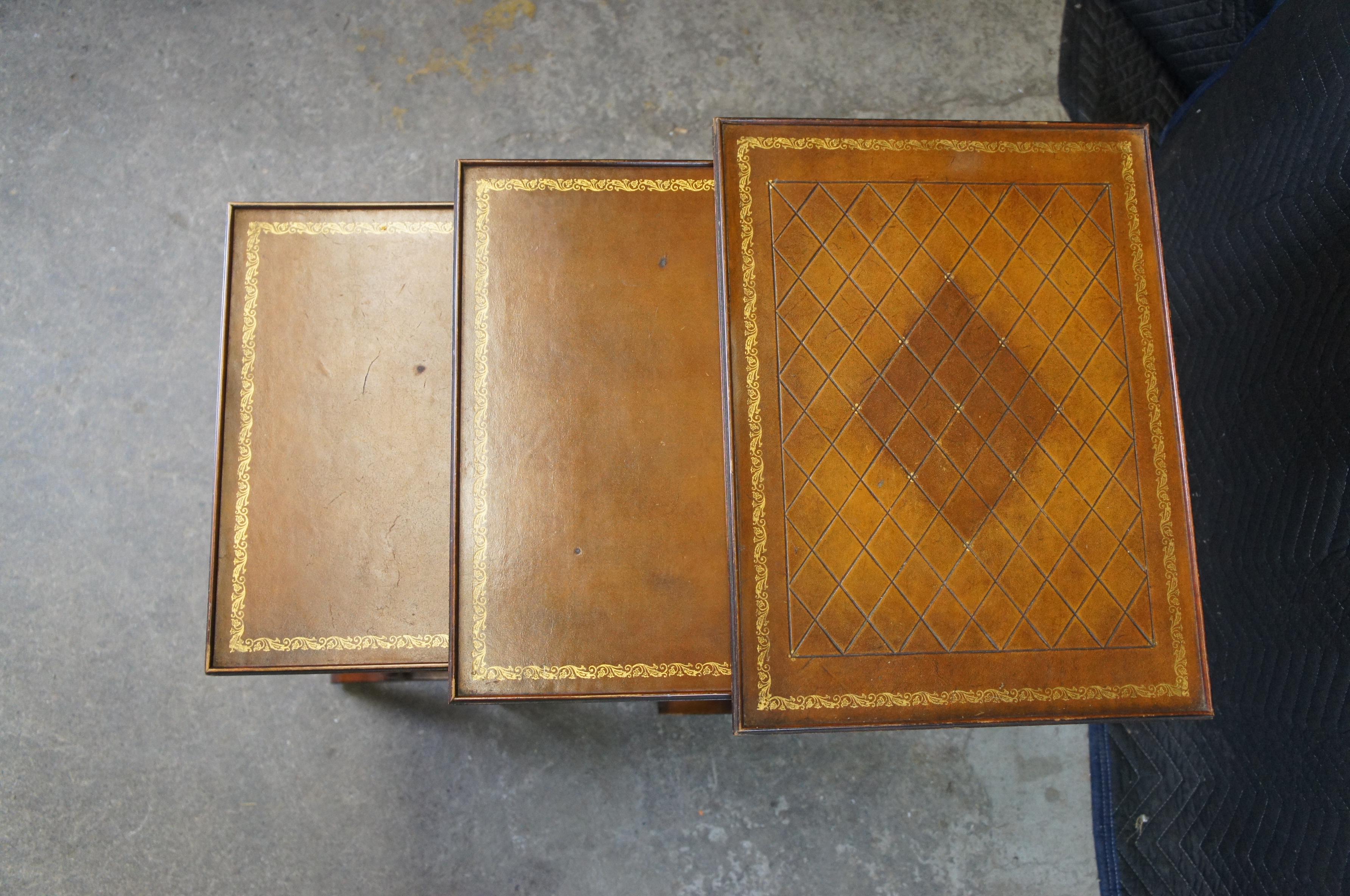 3 Vintage Regency Style Tooled Leather Mahogany Nesting Side Tables Sheraton 1