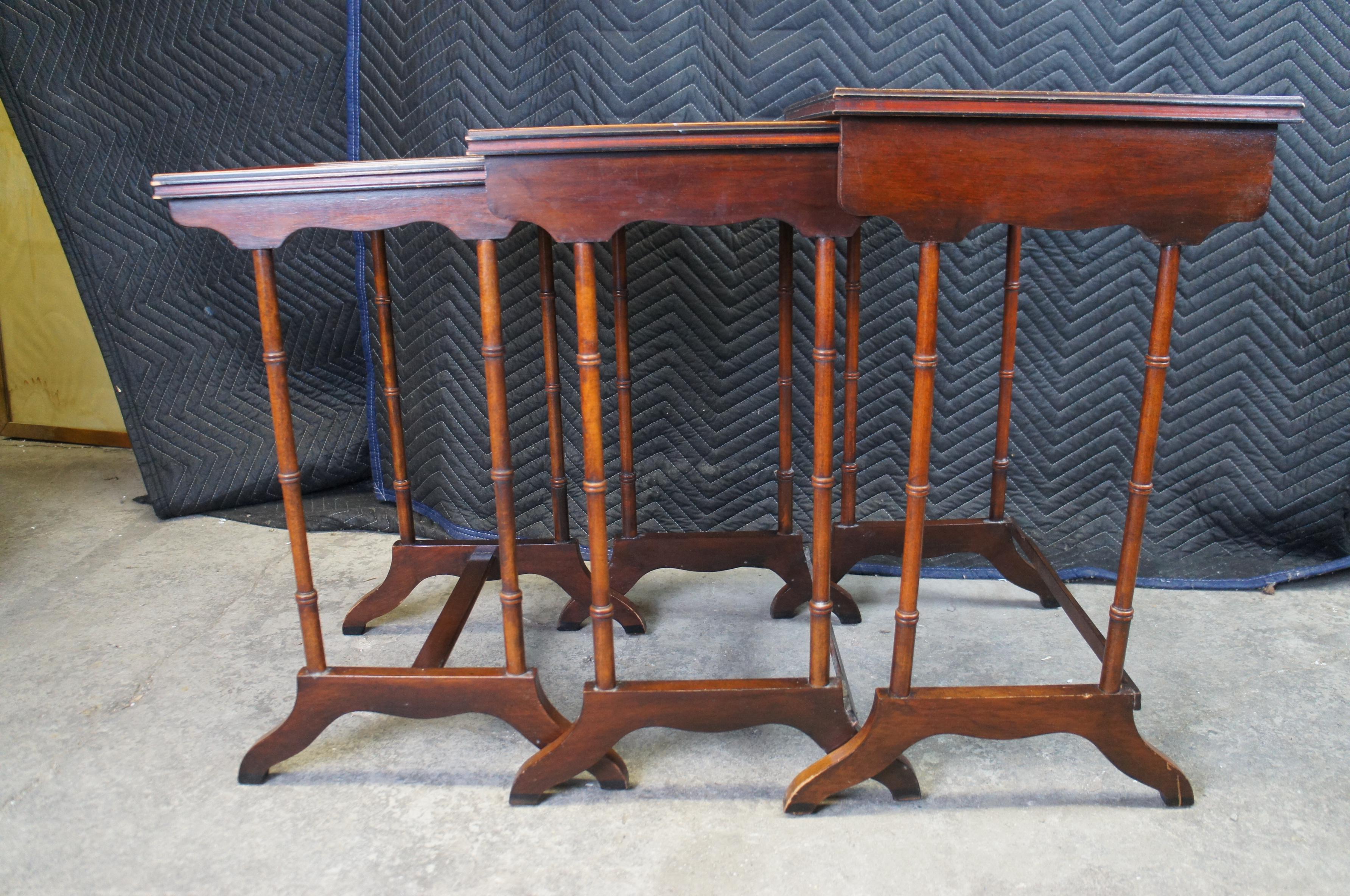 3 Vintage Regency Style Tooled Leather Mahogany Nesting Side Tables Sheraton 2