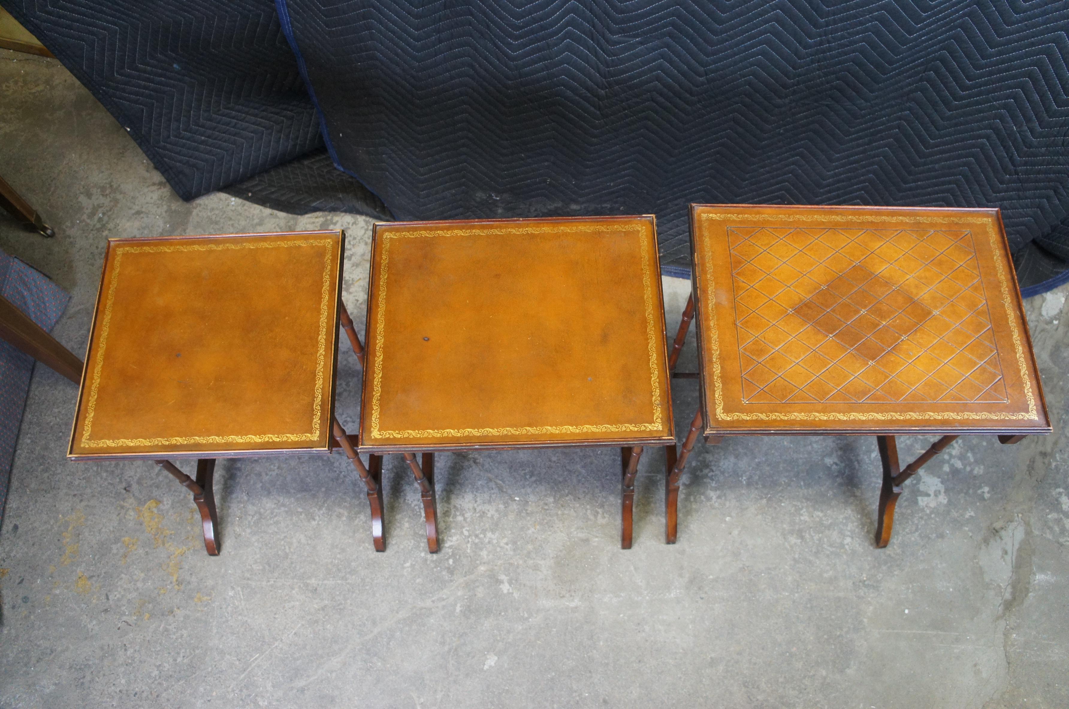 3 Vintage Regency Style Tooled Leather Mahogany Nesting Side Tables Sheraton 3