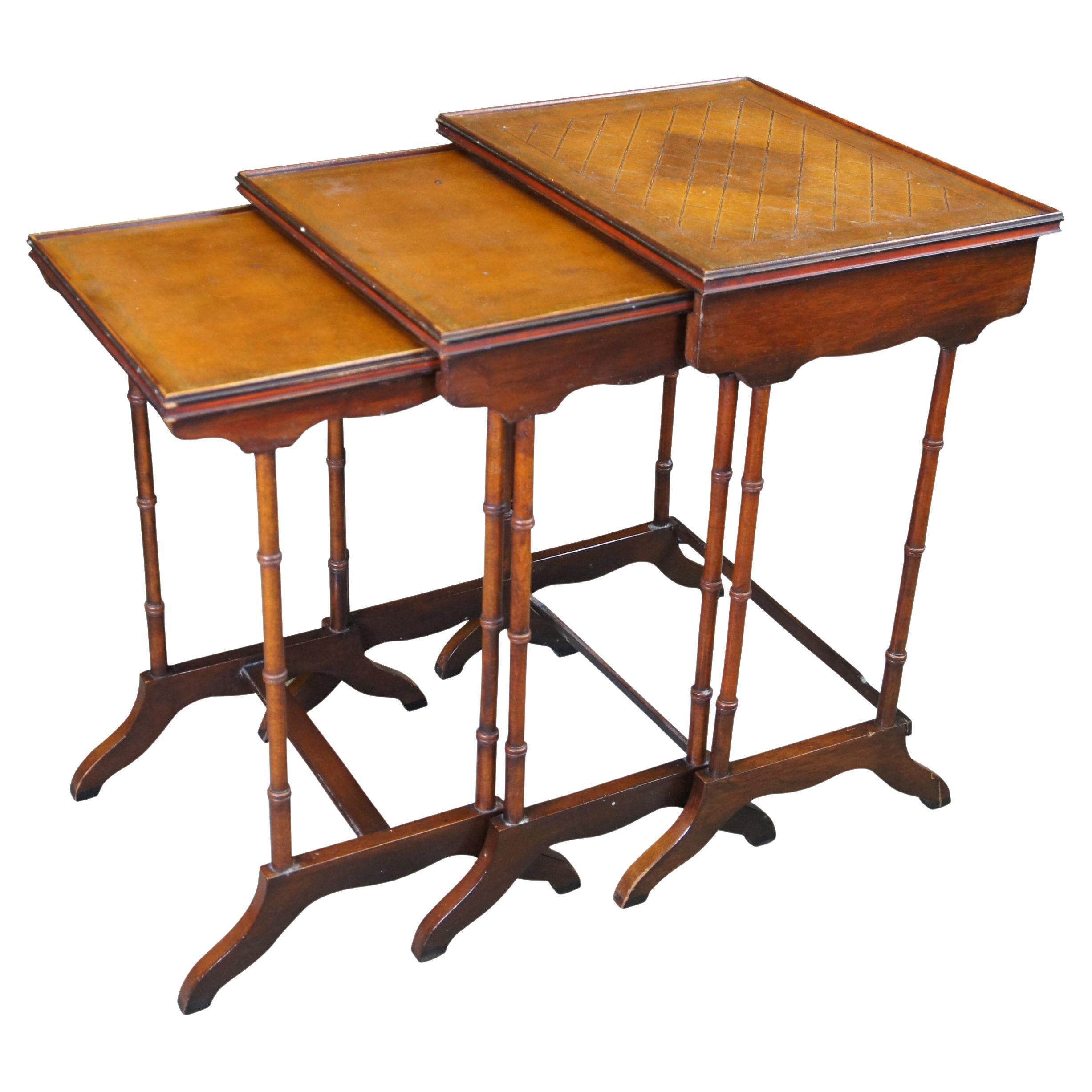 3 Vintage Regency Style Tooled Leather Mahogany Nesting Side Tables Sheraton