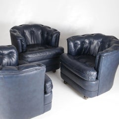 3 Vintage Small Midnight Blue Leather Armchairs