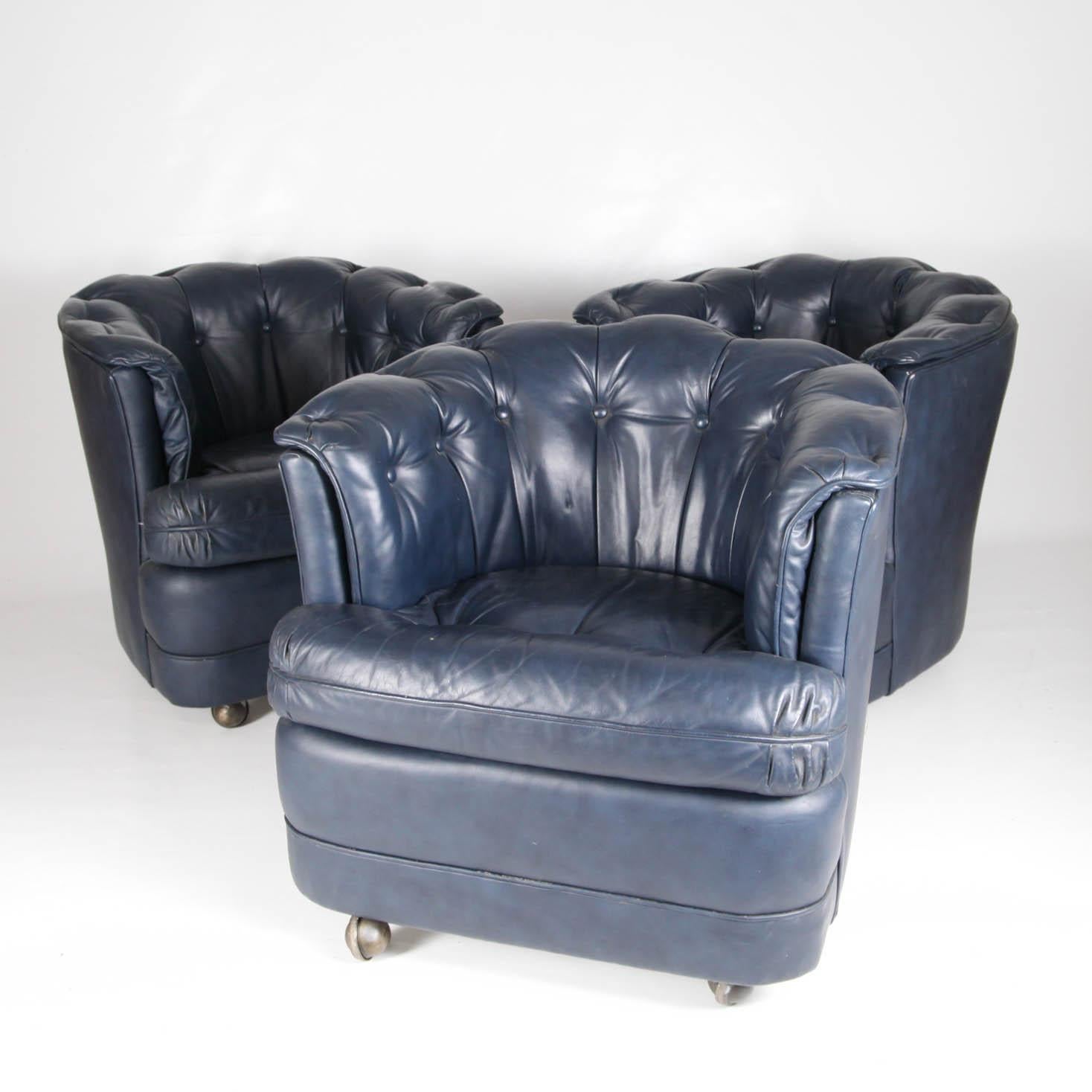 Mid-Century Modern 3 Vintage Small Midnight Blue Leather Armchairs