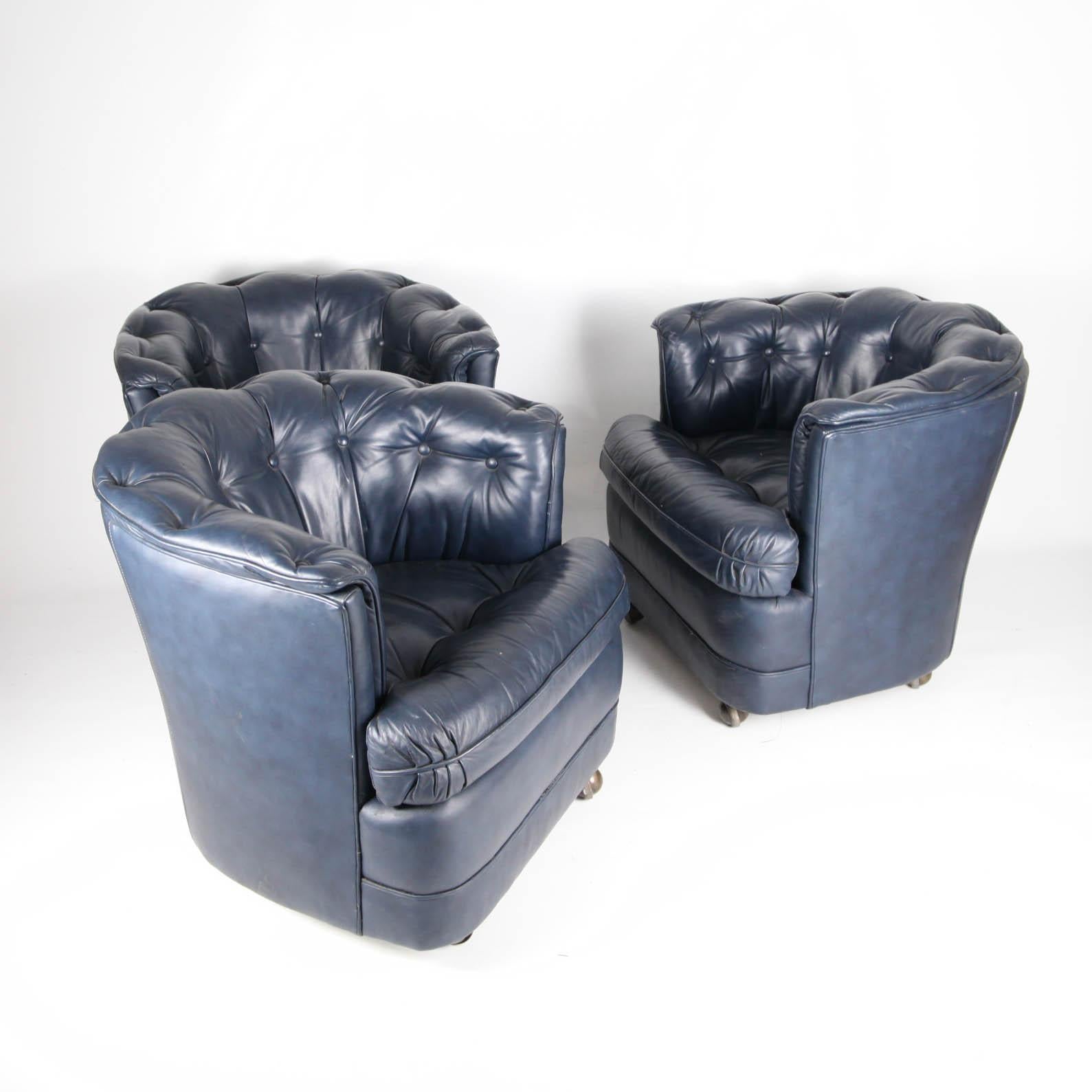 American 3 Vintage Small Midnight Blue Leather Armchairs