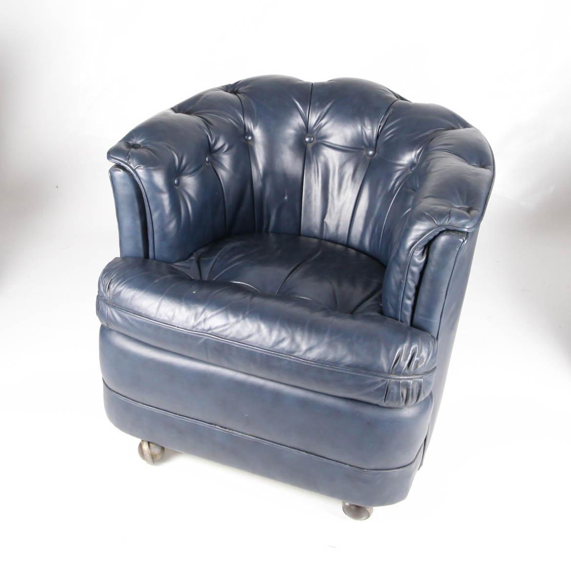 Late 20th Century 3 Vintage Small Midnight Blue Leather Armchairs