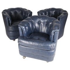 3 Vintage Small Midnight Blue Leather Armchairs